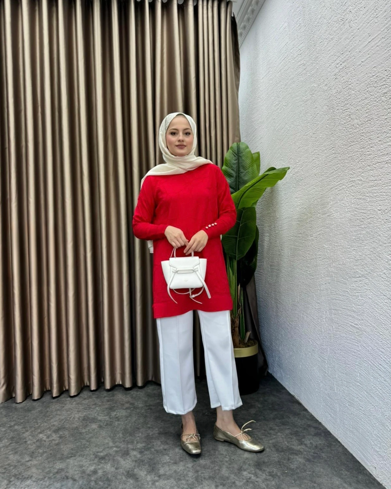 Desenli Merserize Tunik Kırmızı