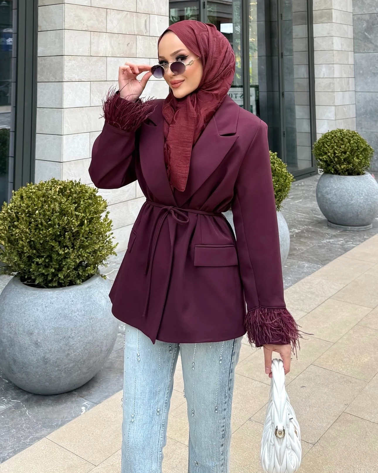 Tüy Detaylı Blazer  Ceket Bordo