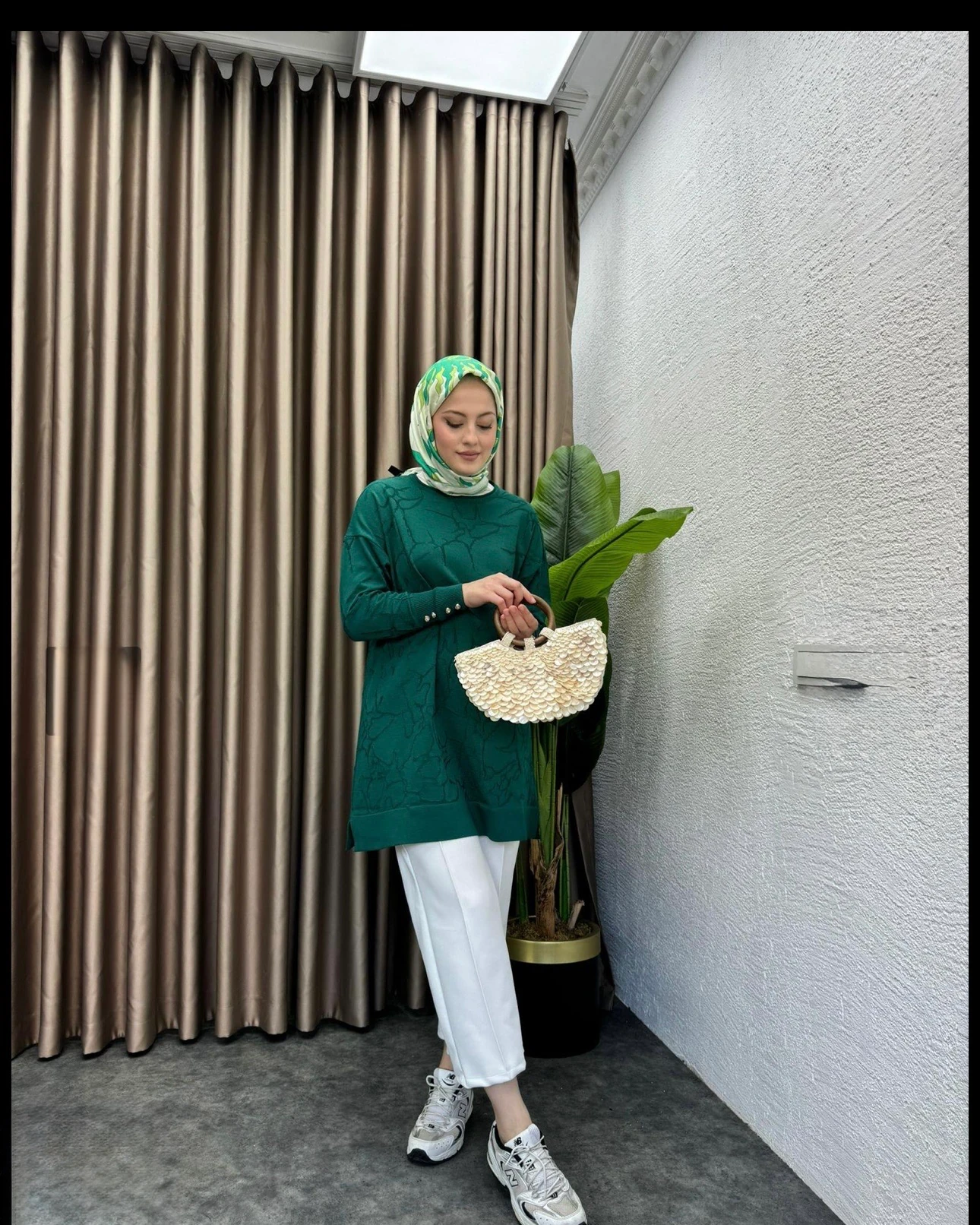 Desenli Merserize Tunik Zümrüt