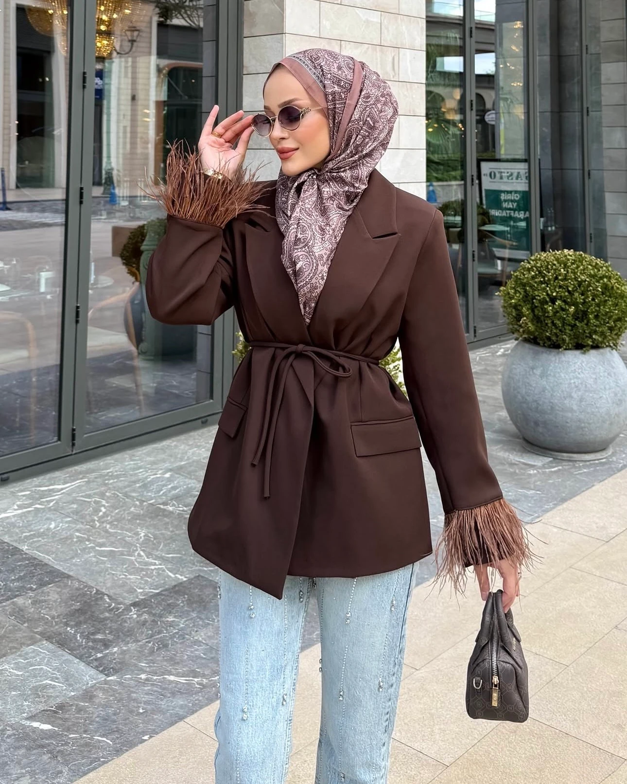 Tüy Detaylı Blazer Ceket Kahverengi