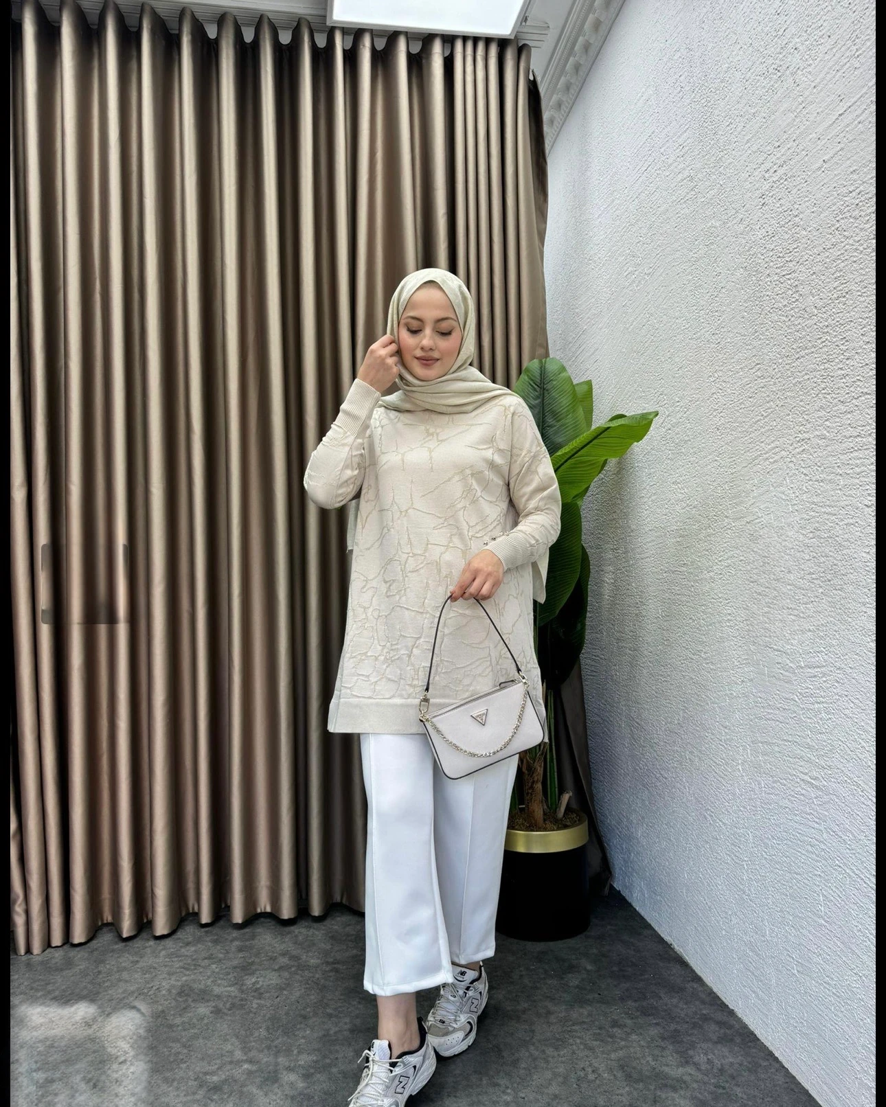 Desenli Merserize Tunik Bej