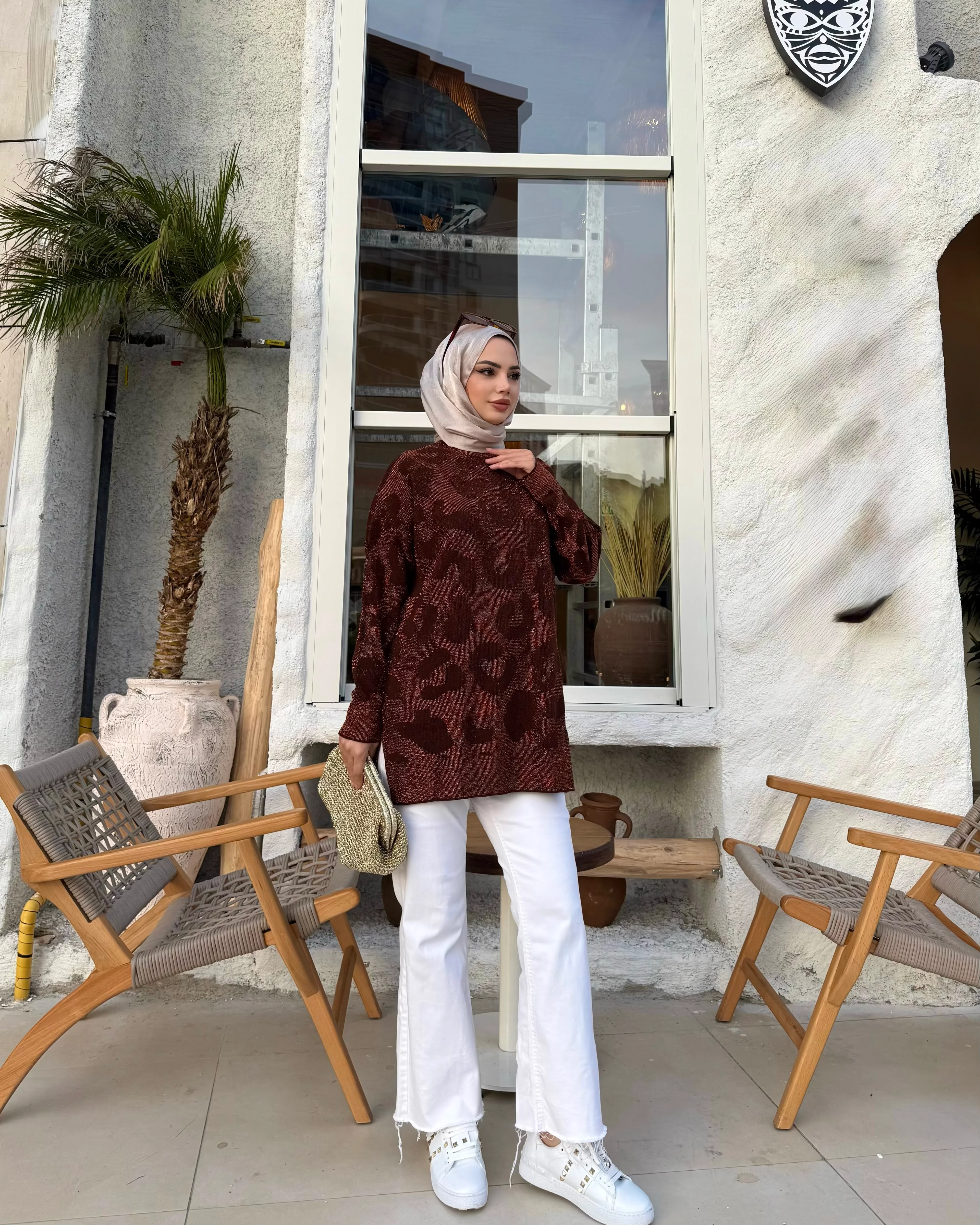 Leopar Desenli Simli Kazak Bakır