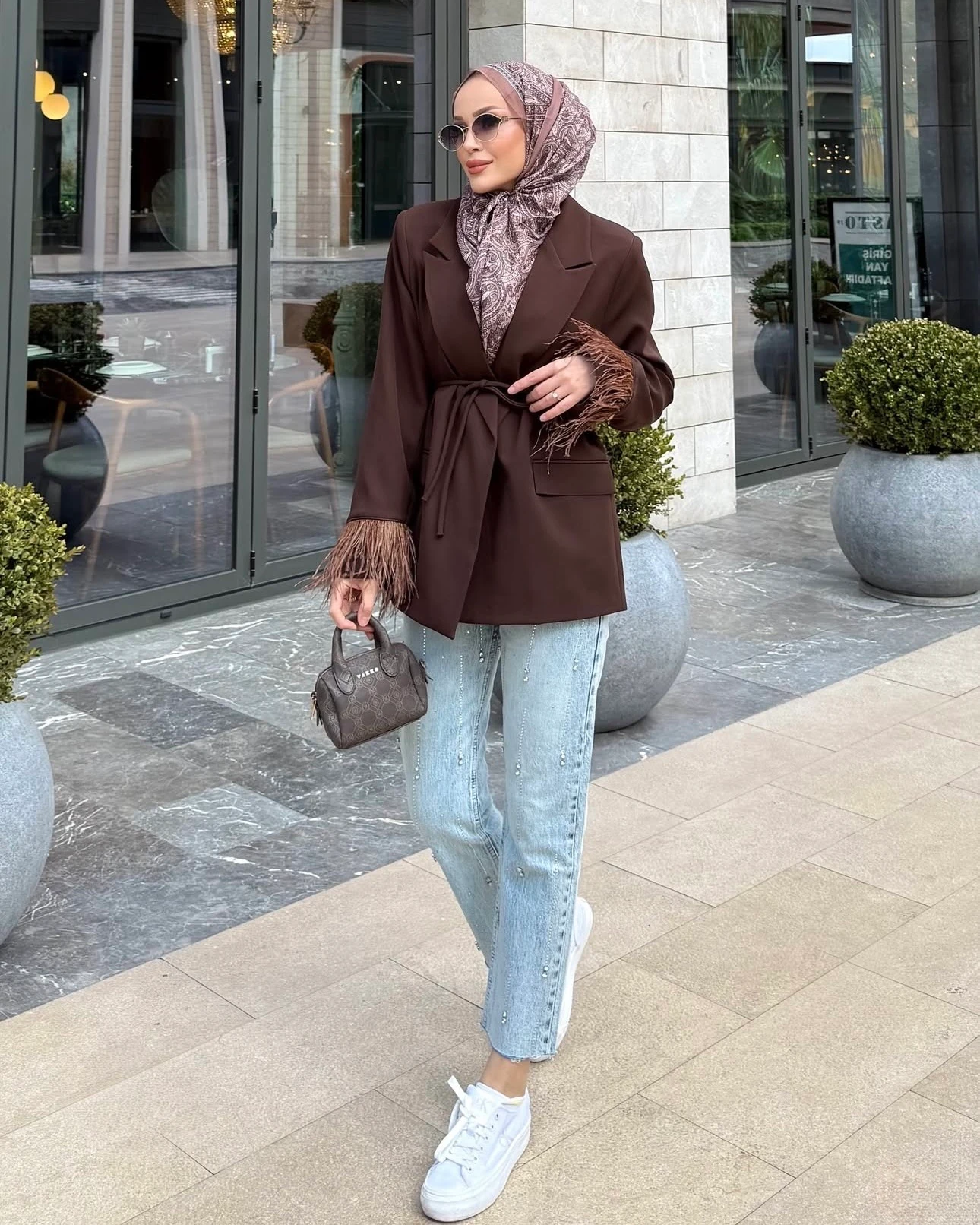 Tüy Detaylı Blazer Ceket Kahverengi