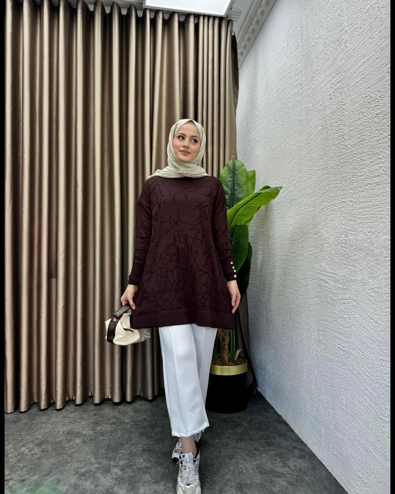 Desenli Merserize Tunik Acı Kahve 