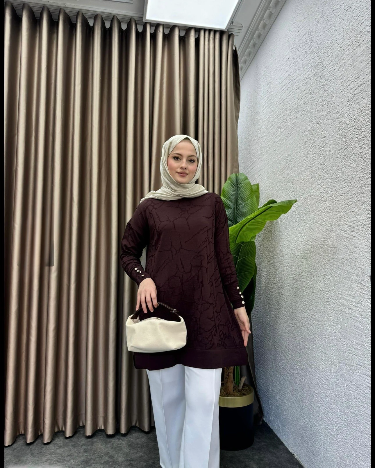 Desenli Merserize Tunik Acı Kahve 