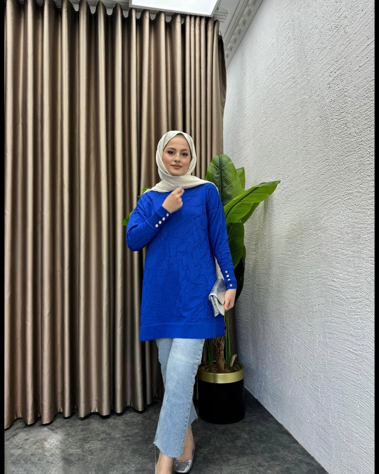 Desenli Merserize Tunik Saks Mavisi