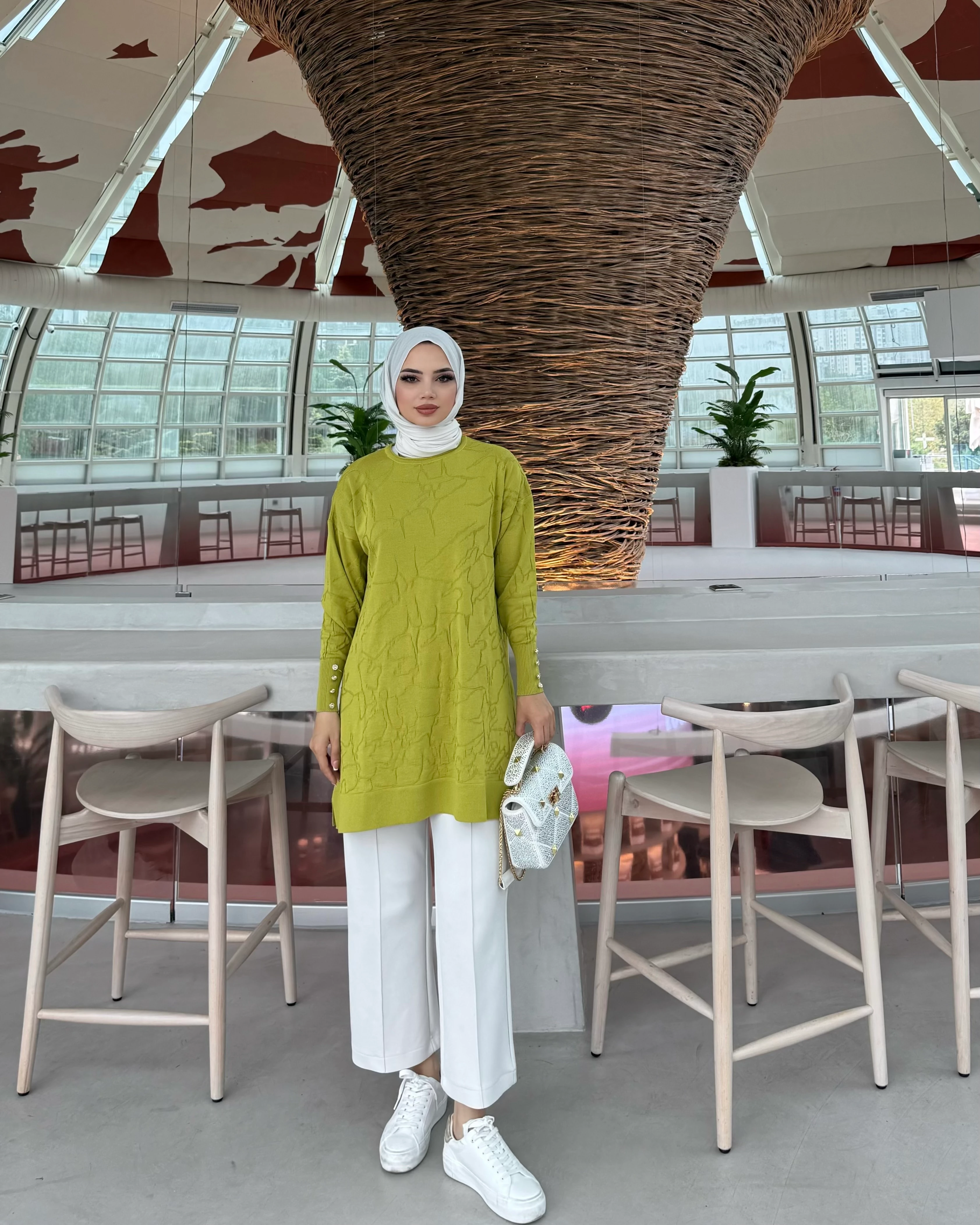 Desenli Merserize Tunik Yağ Yeşili