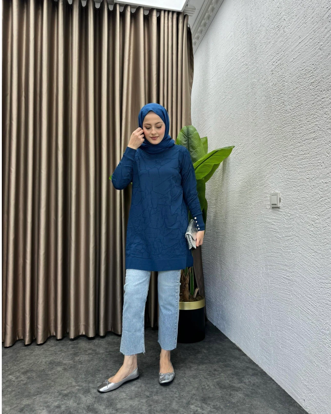 Desenli Merserize Tunik İndigo