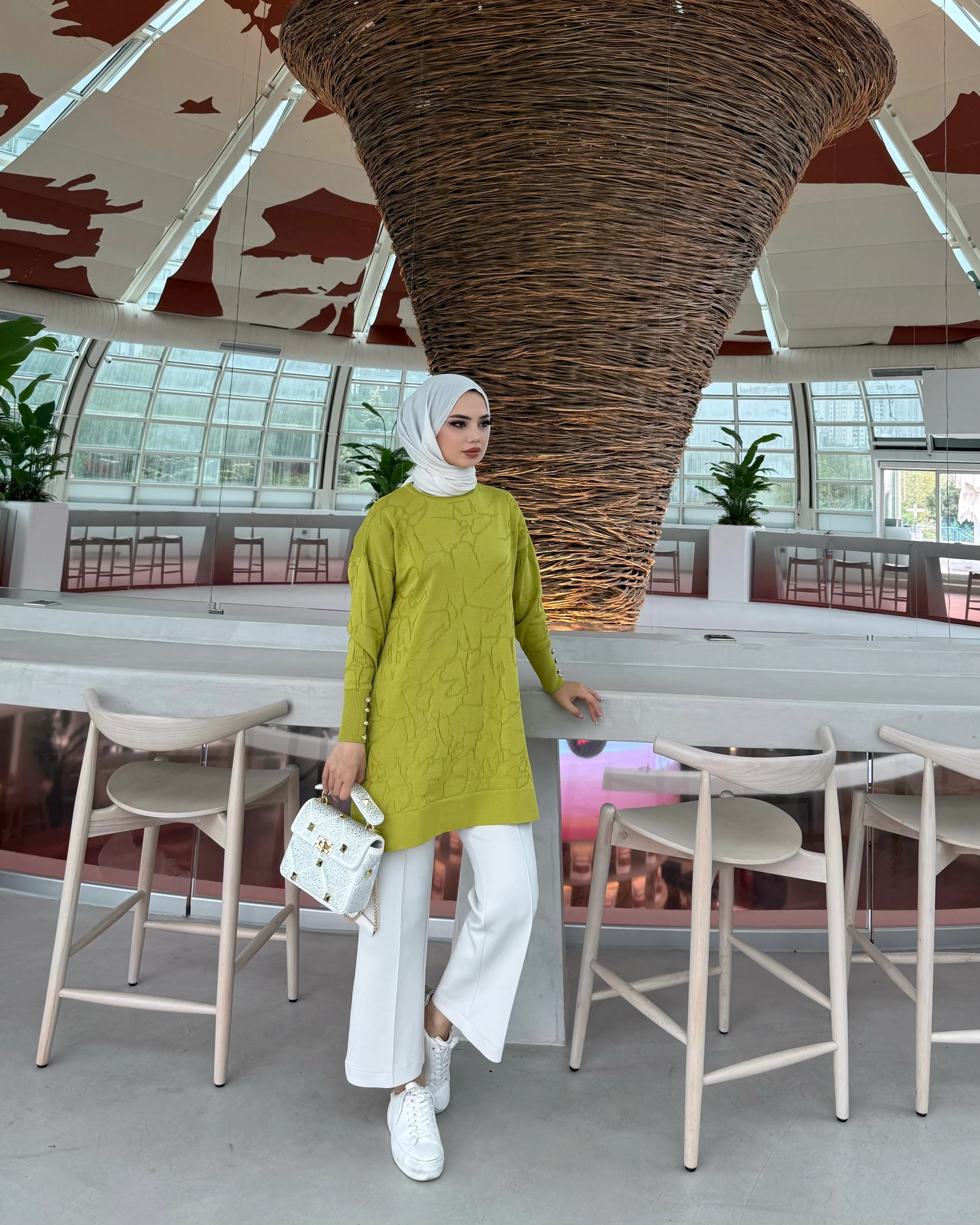 Desenli Merserize Tunik Yağ Yeşili