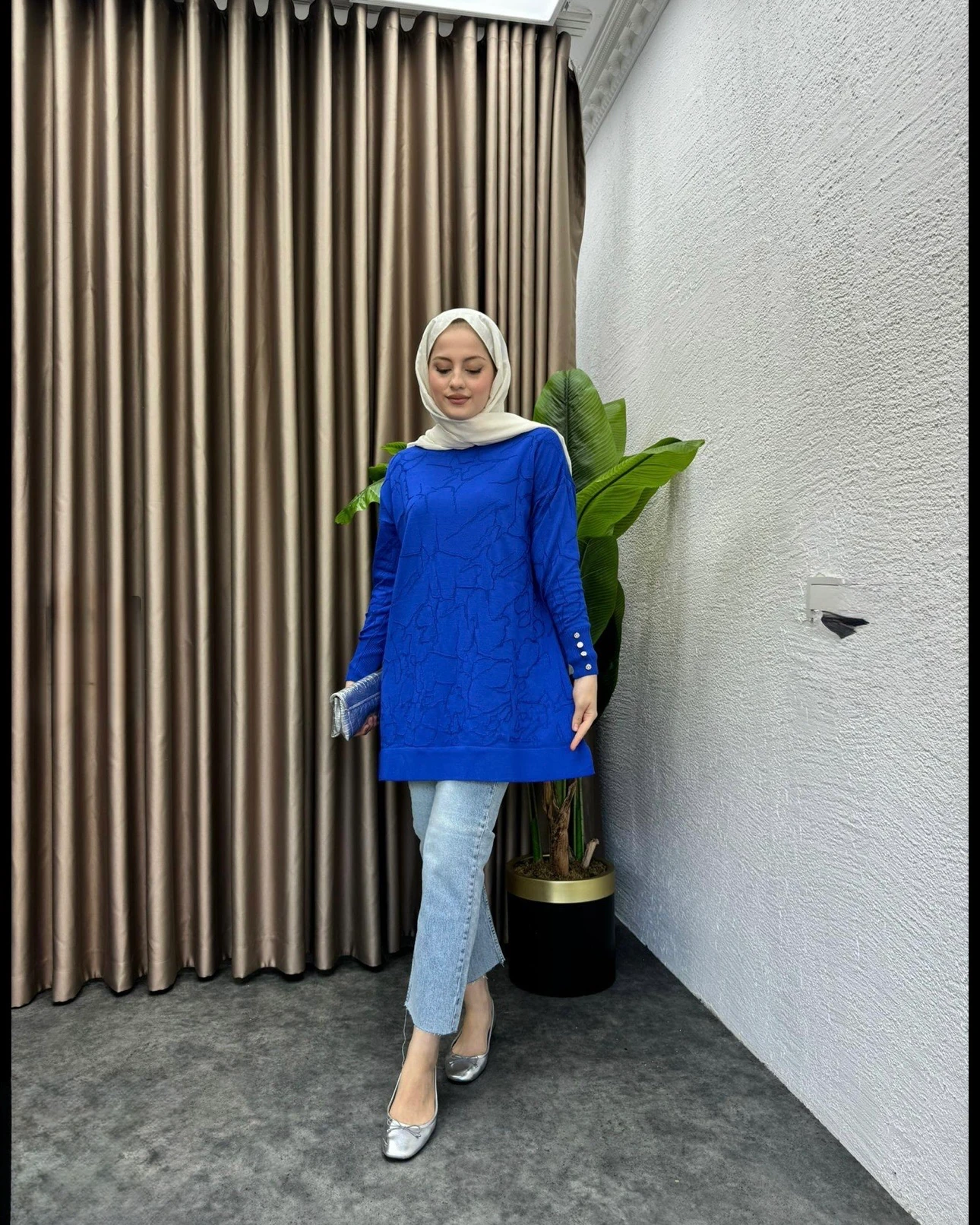 Desenli Merserize Tunik Saks Mavisi