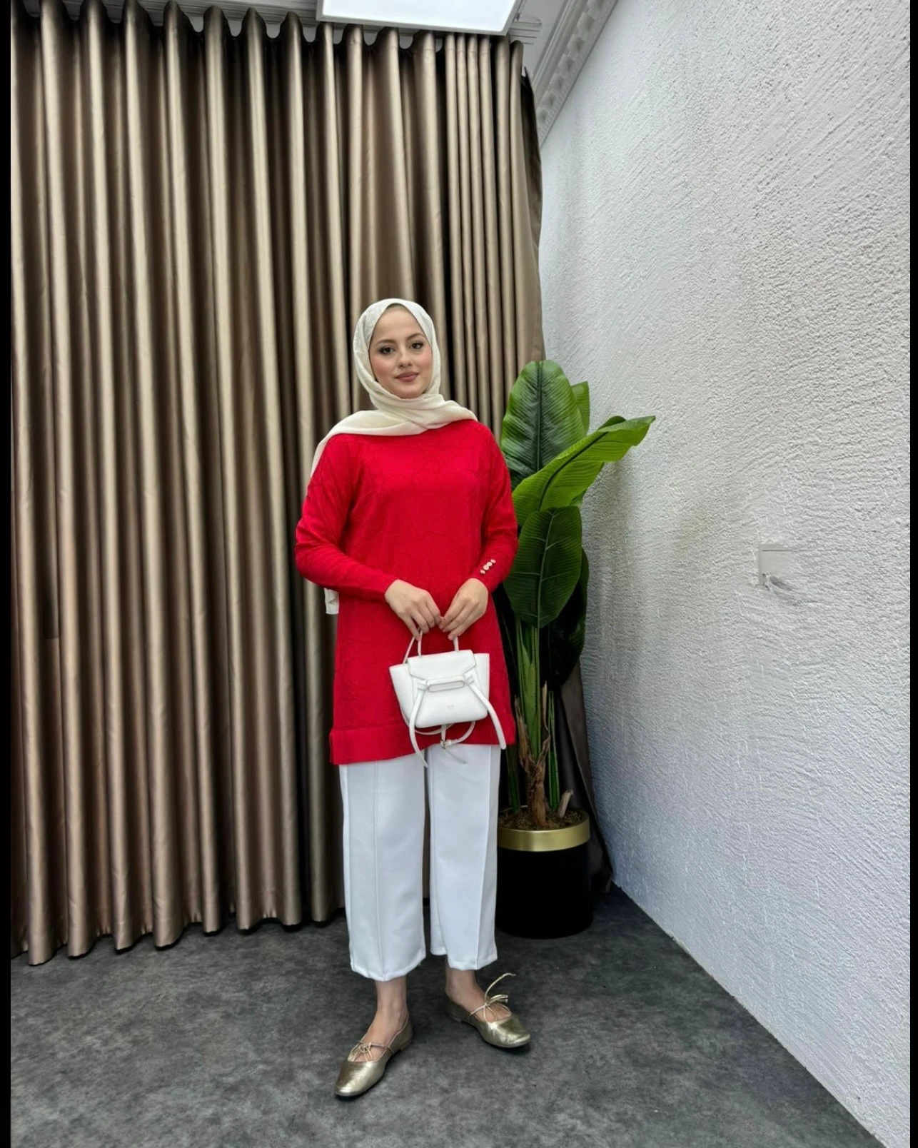 Desenli Merserize Tunik Kırmızı