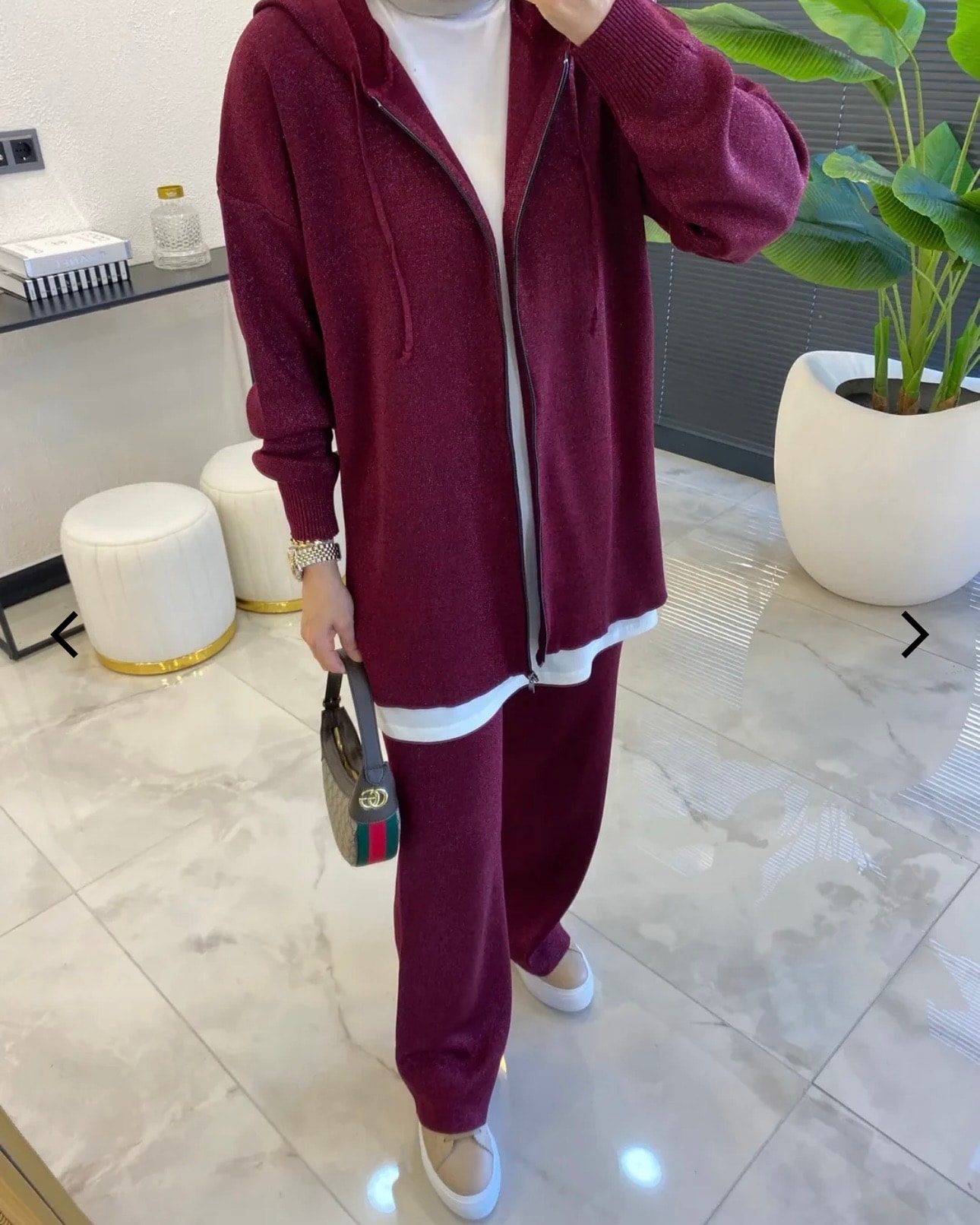 Simli Fermuarlı İkili Takım Bordo