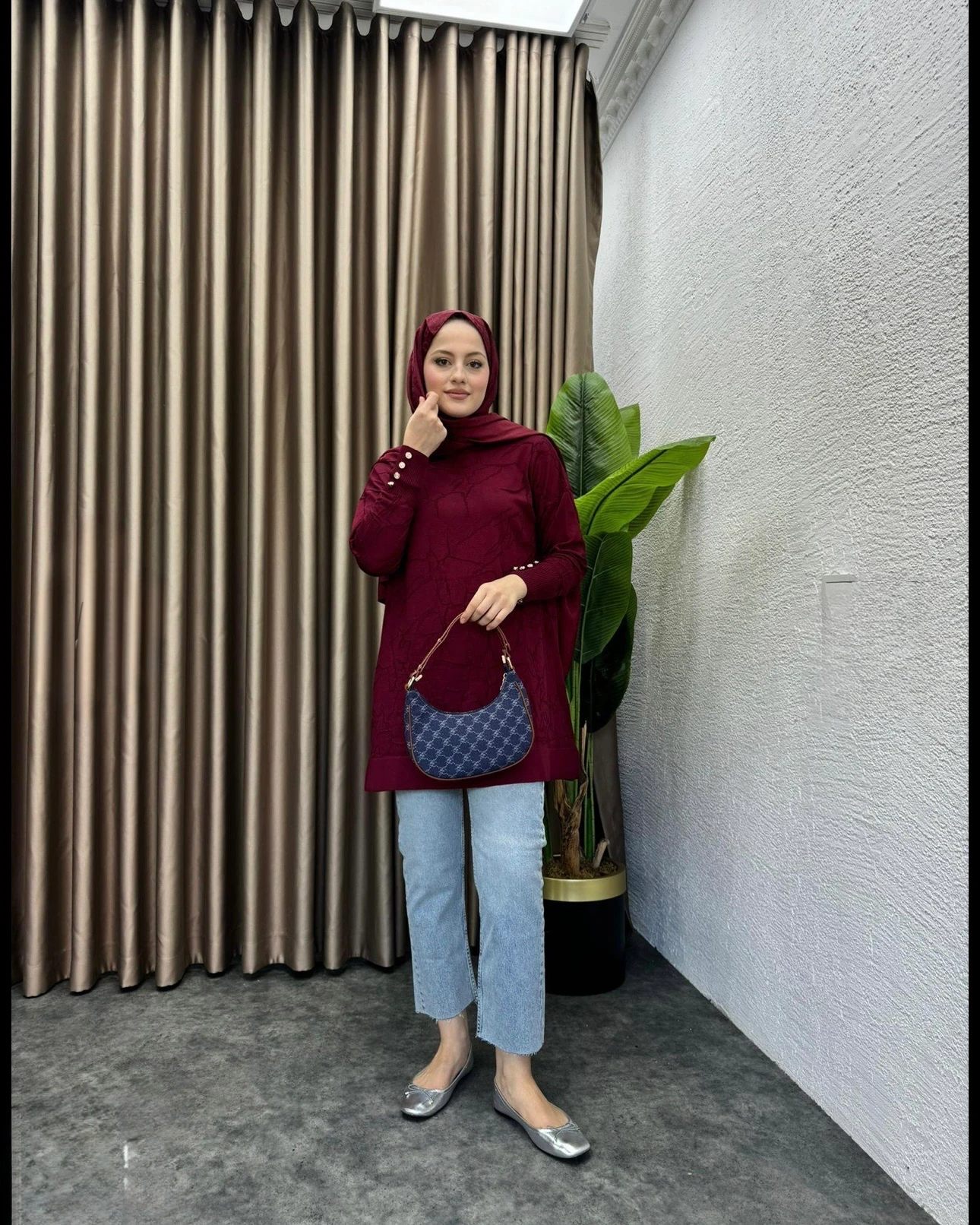 Desenli Merserize Tunik Bordo