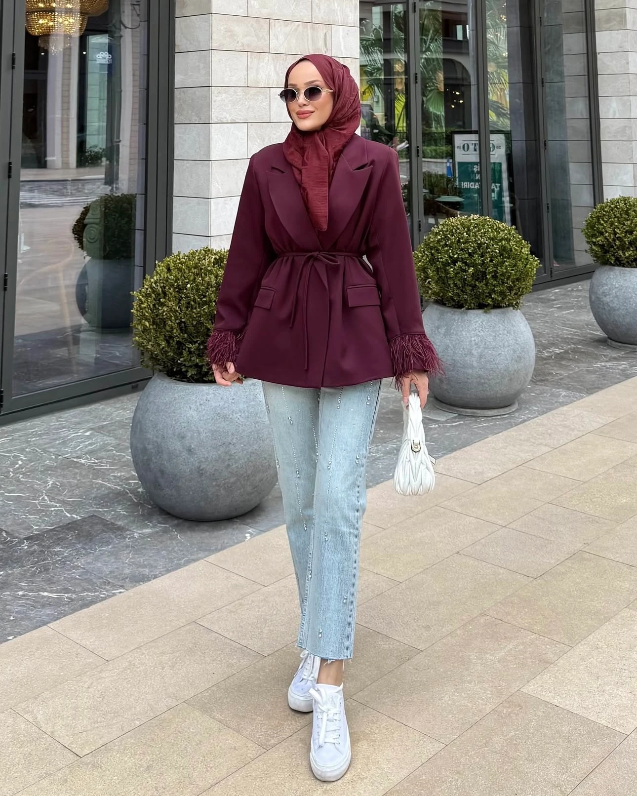Tüy Detaylı Blazer  Ceket Bordo