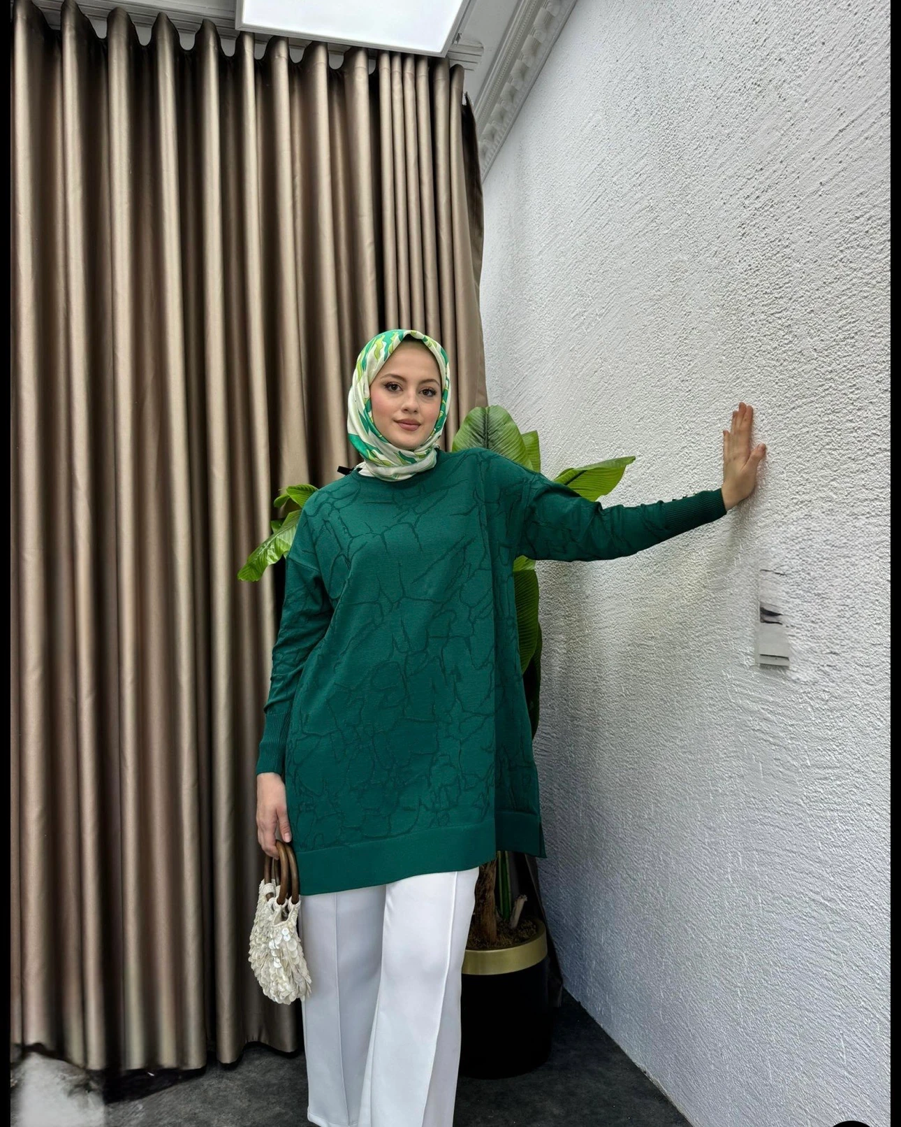 Desenli Merserize Tunik Zümrüt