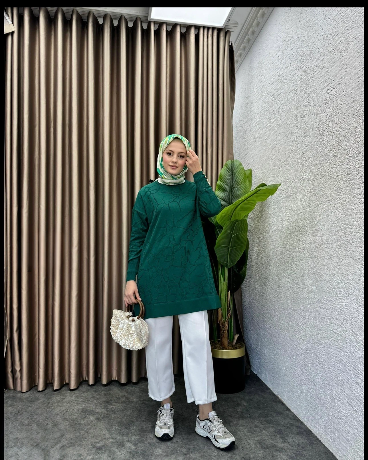 Desenli Merserize Tunik Zümrüt