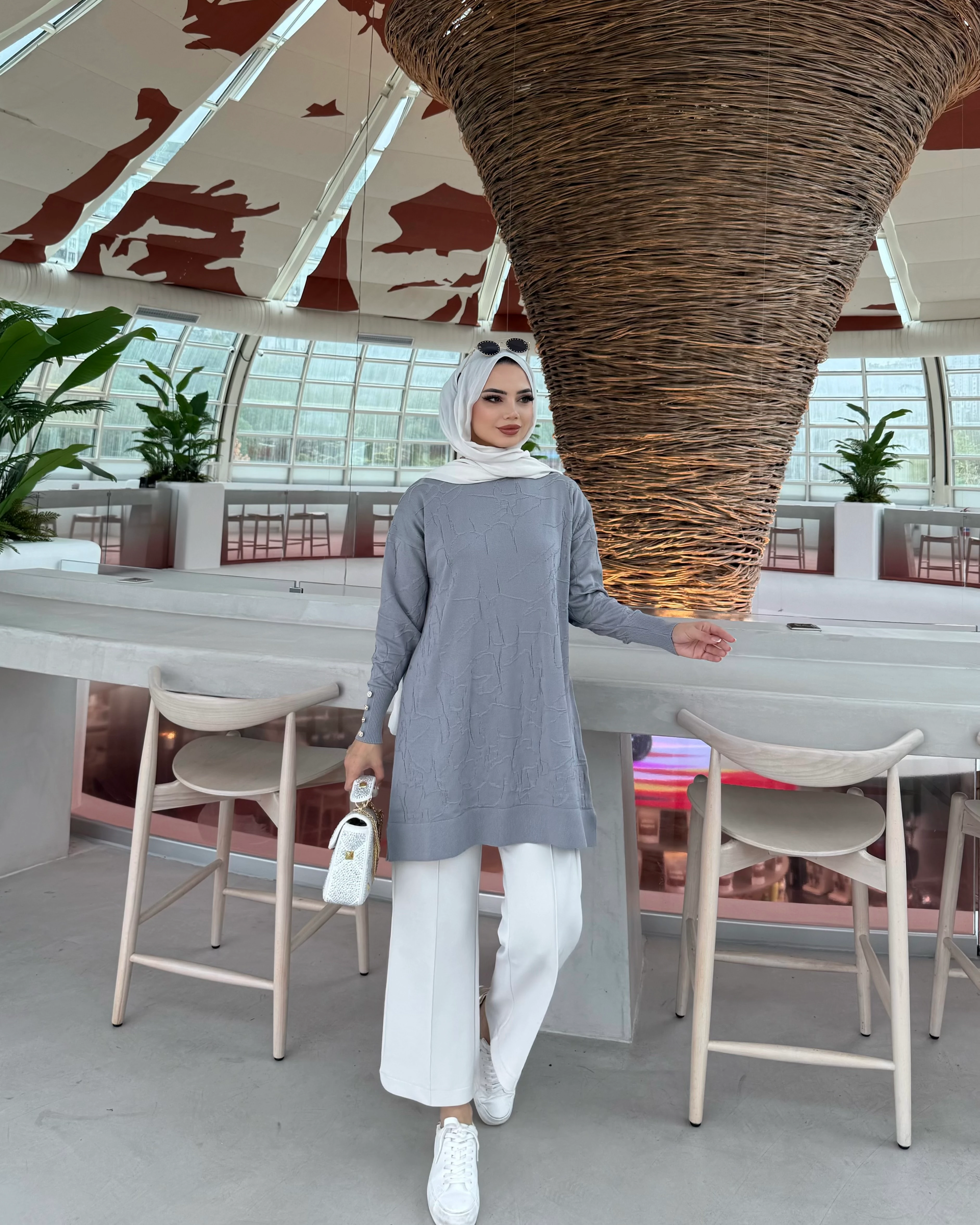 Desenli Merserize Tunik Gri