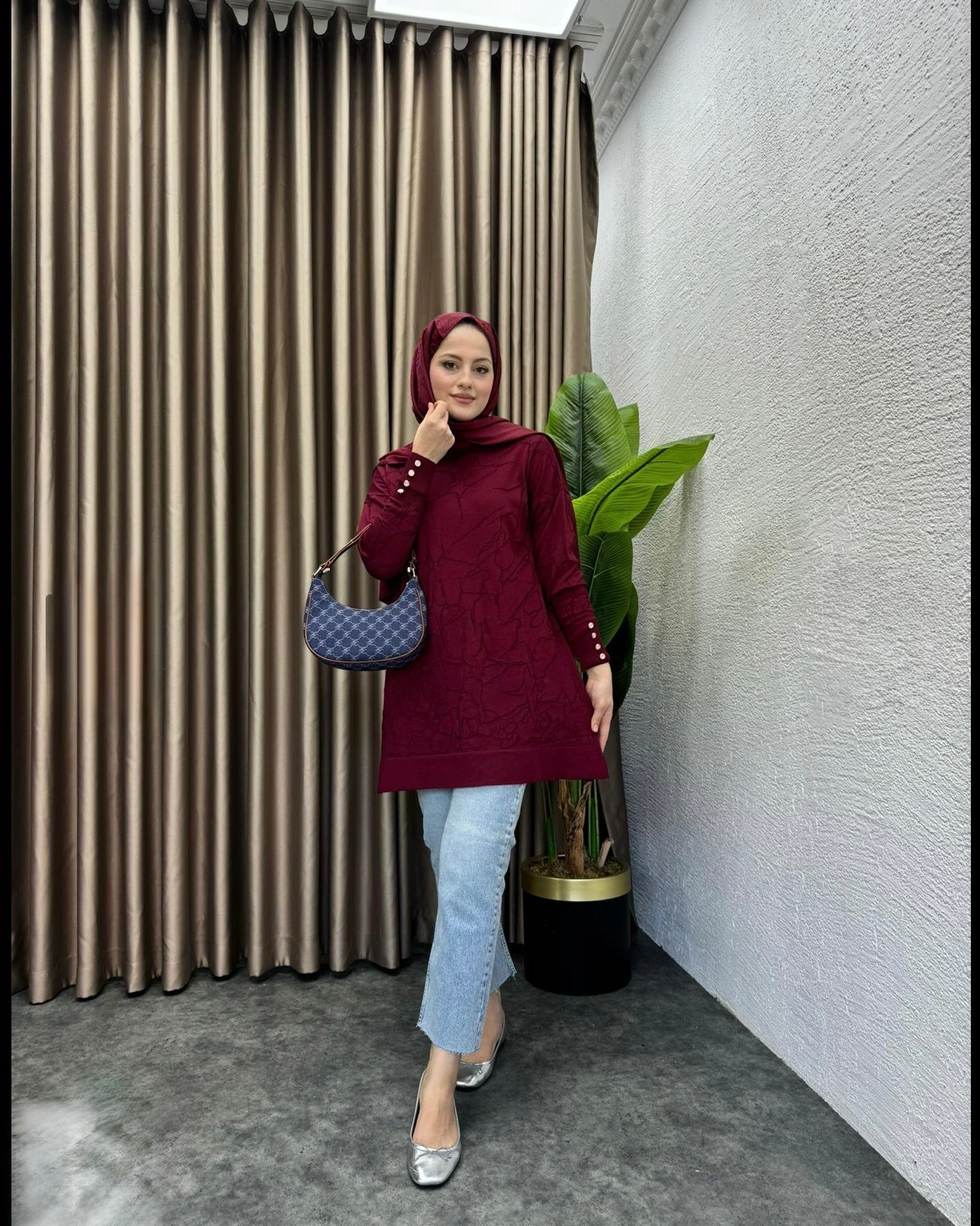 Desenli Merserize Tunik Bordo