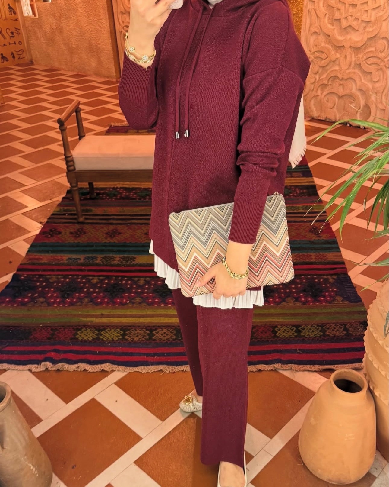 Simli Triko İkili Takım Bordo