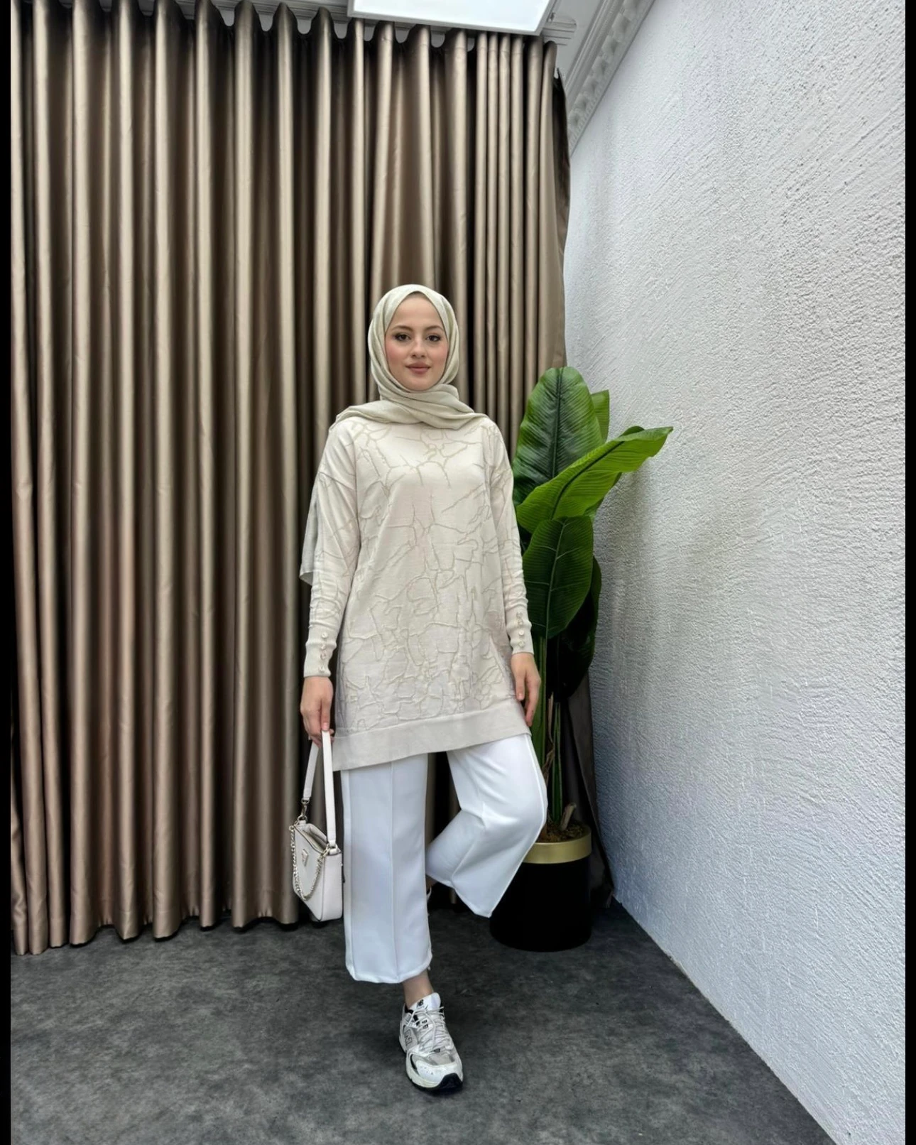 Desenli Merserize Tunik Bej