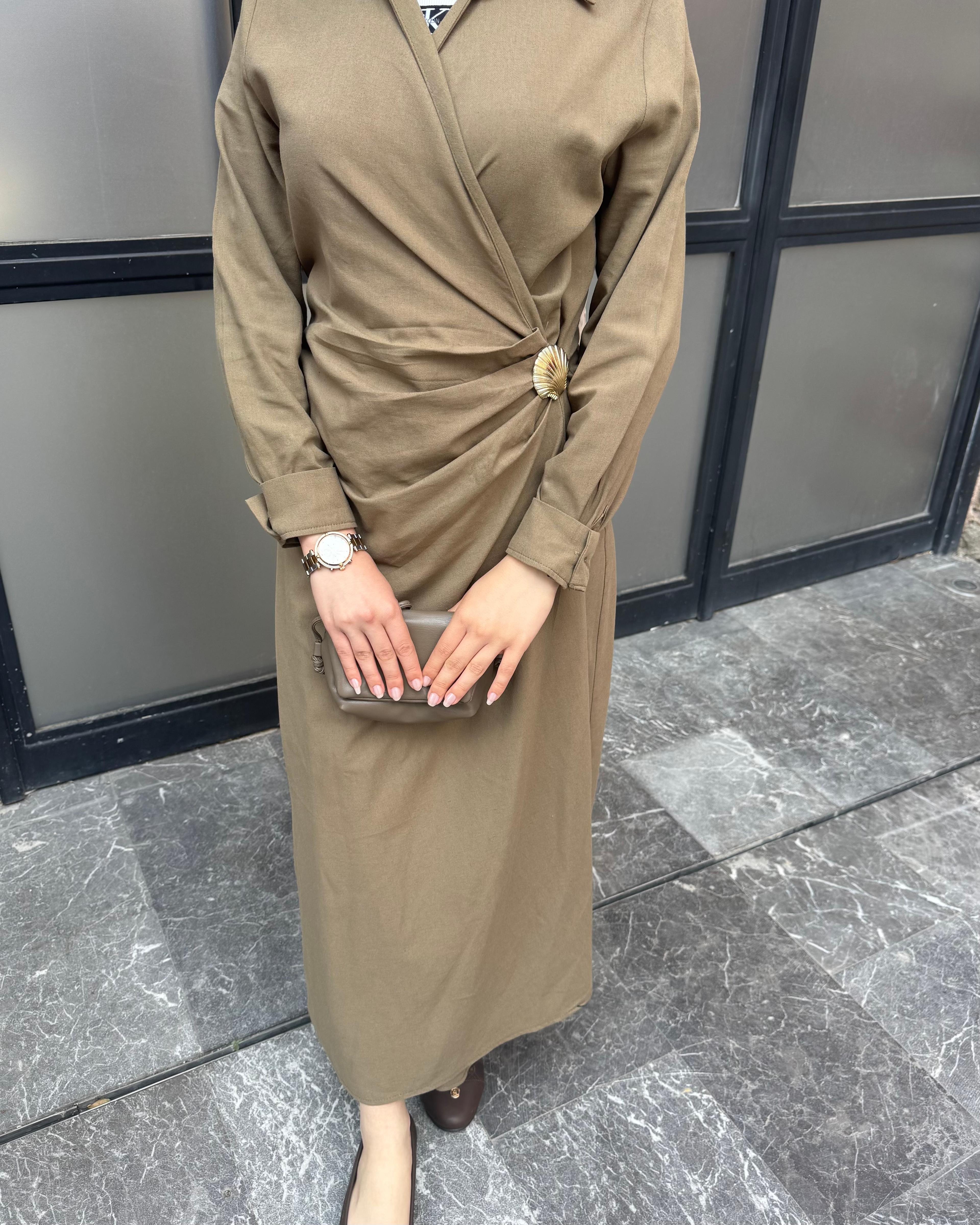 Mira Premium Keten Elbise  - HAKİ