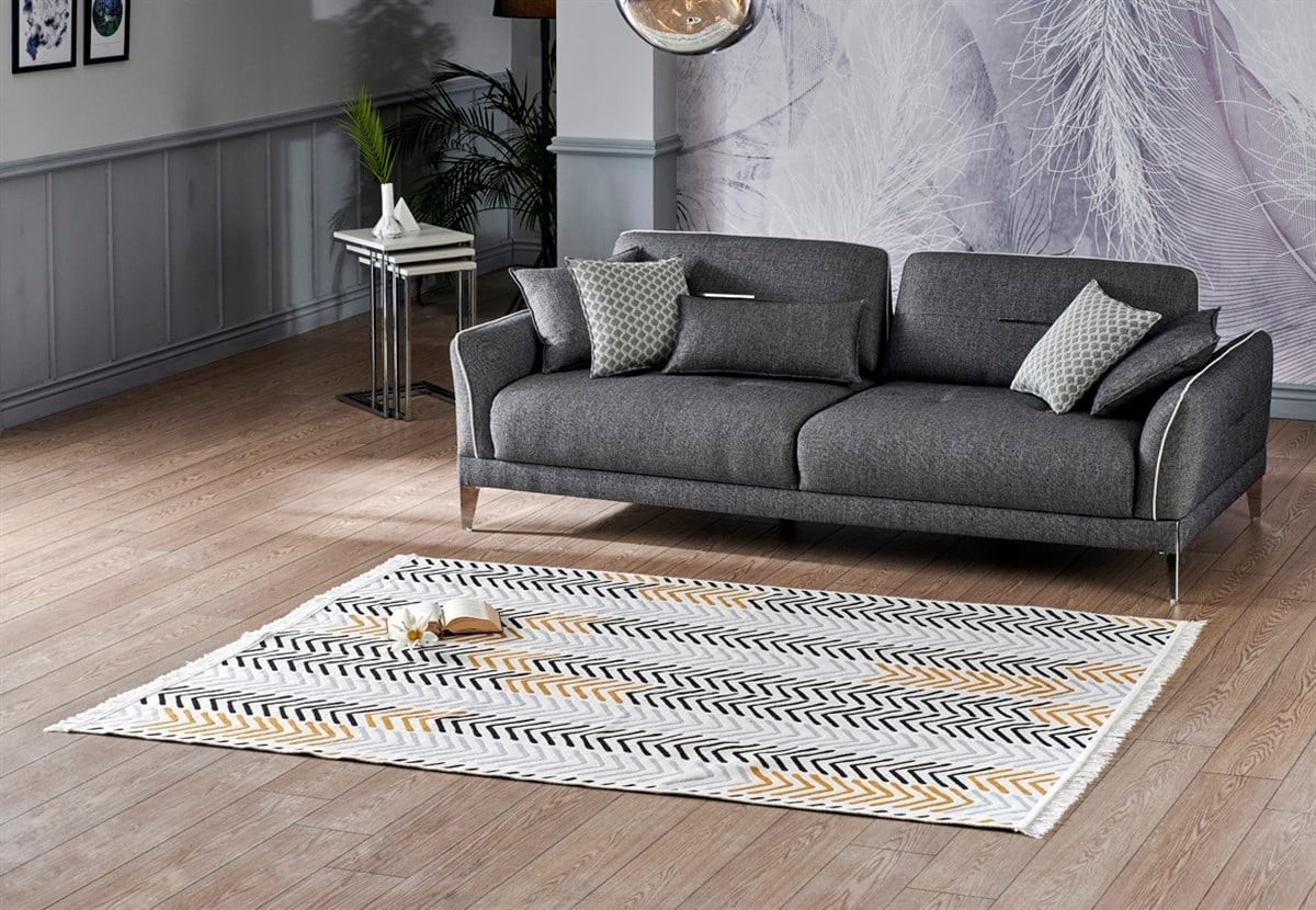 ARYA AR 19 WHITE BLACK Yıkanabilir Çift Taraflı Modern Desenli Dokuma Kilim