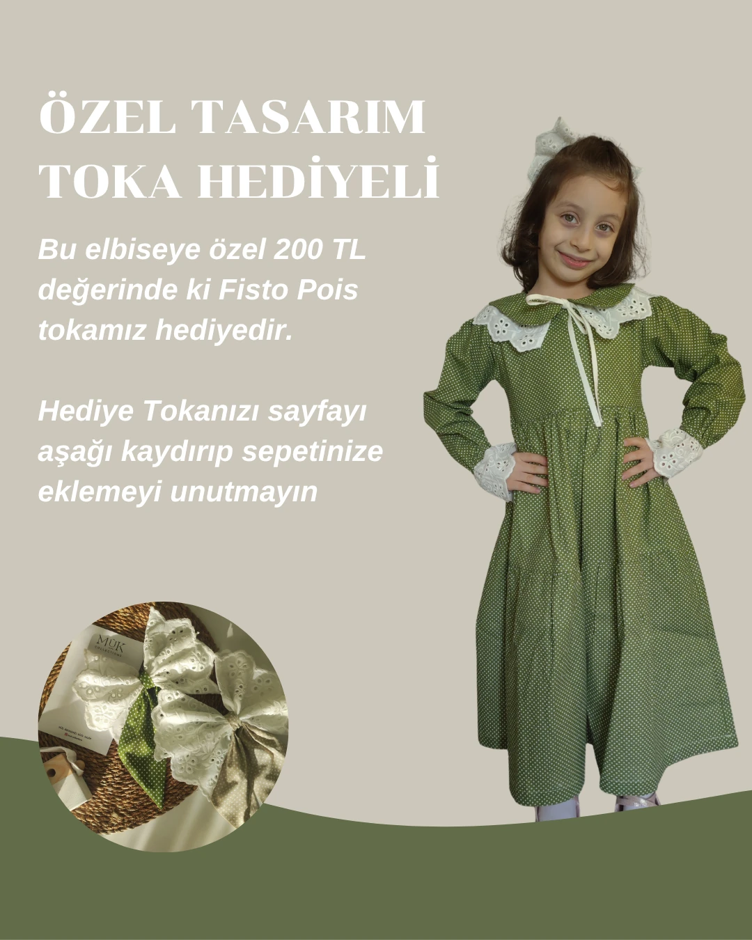 Puantiye Desenli Fisto Yakalı Kız Çocuk Elbisesi – Çıkarılabilir Yaka Detaylı - yeşil