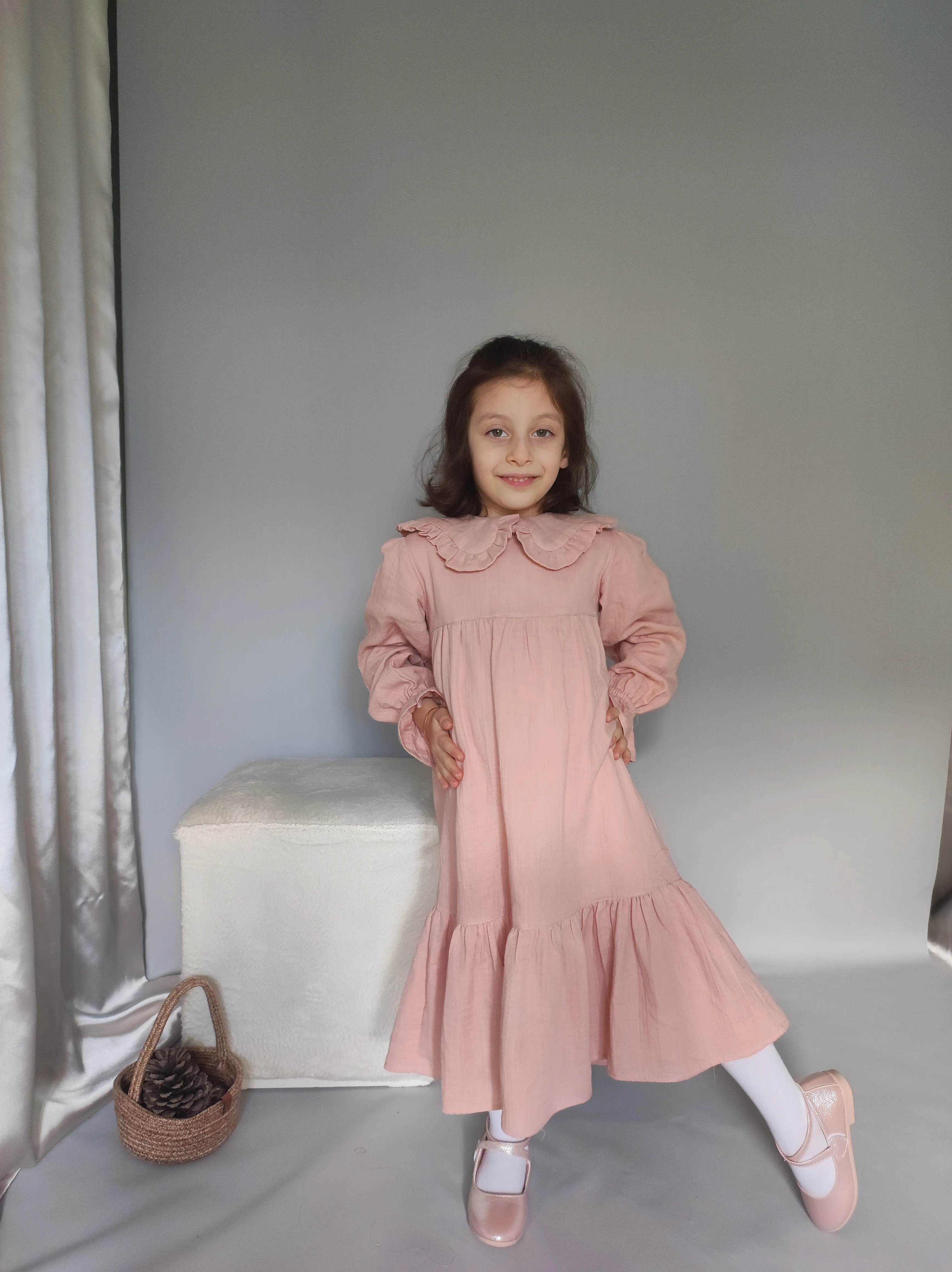 Kız Çocuk Fırfırlı Bebe Yaka Müslin Elbise | Mük Collections