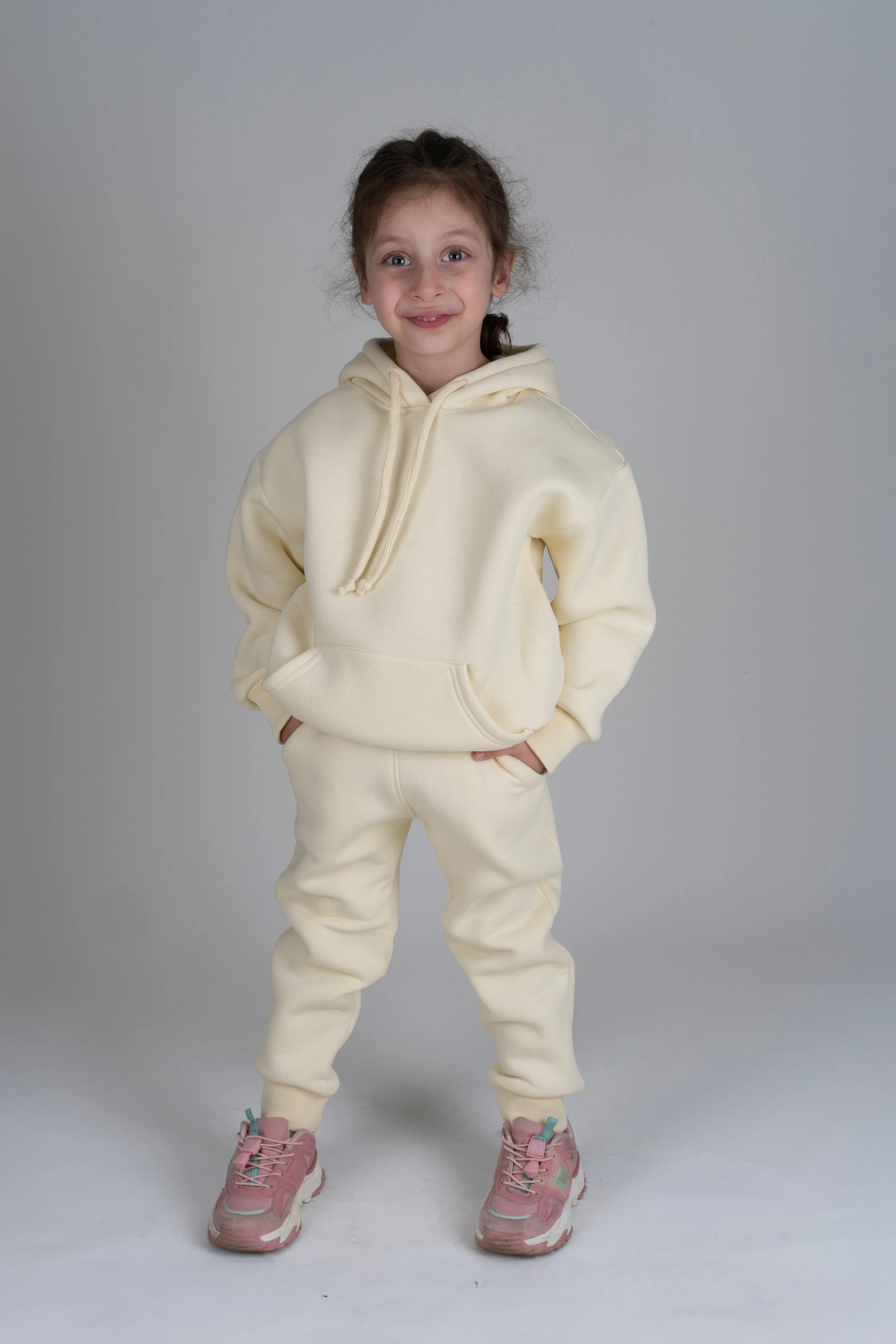 Çocuk Unisex Oversıze Kapüşonlu Kanguru Cep Eşofman Takımı - Beyaz