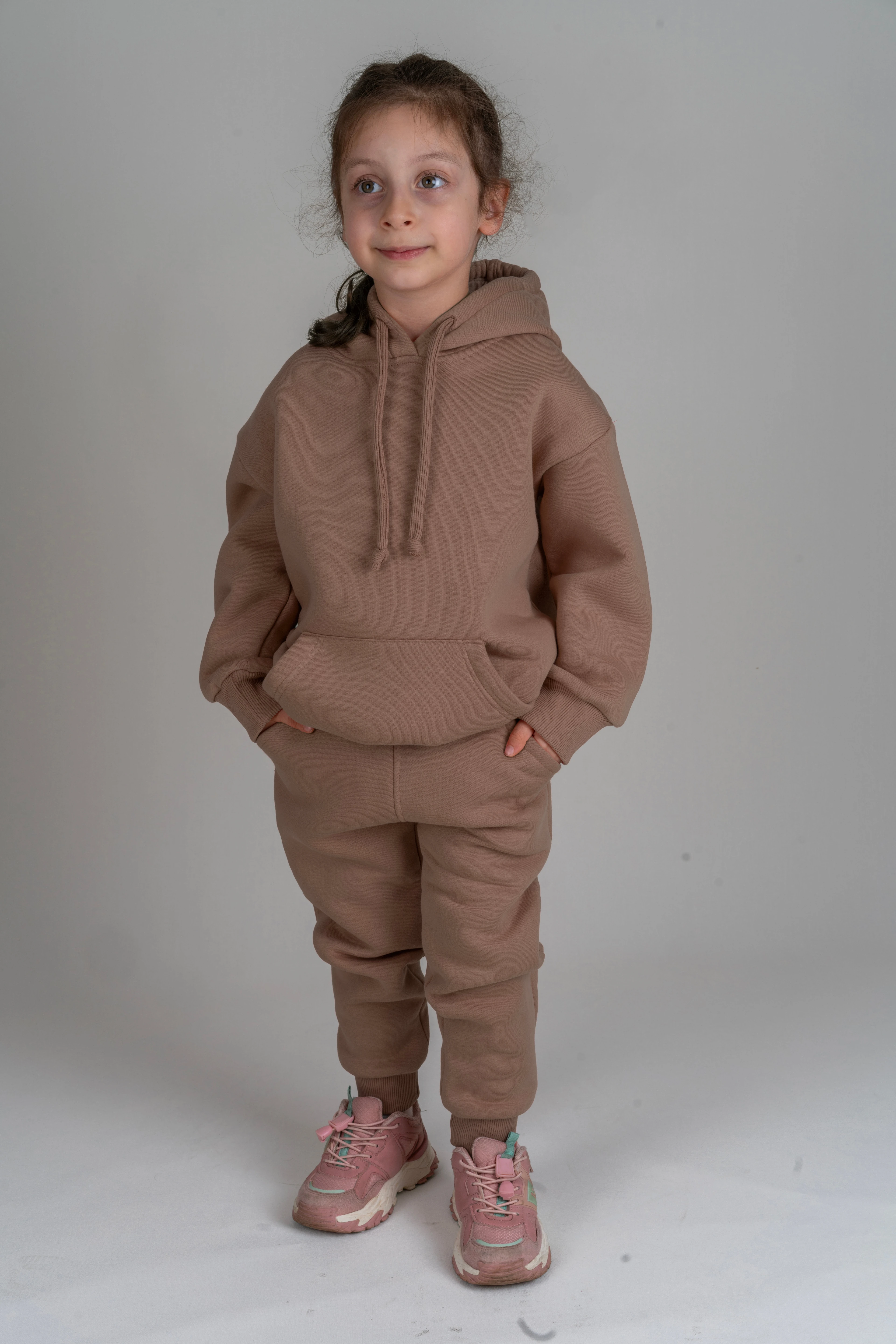 Çocuk Unisex Oversıze Kapüşonlu Kanguru Cep Eşofman Takımı - Kahve