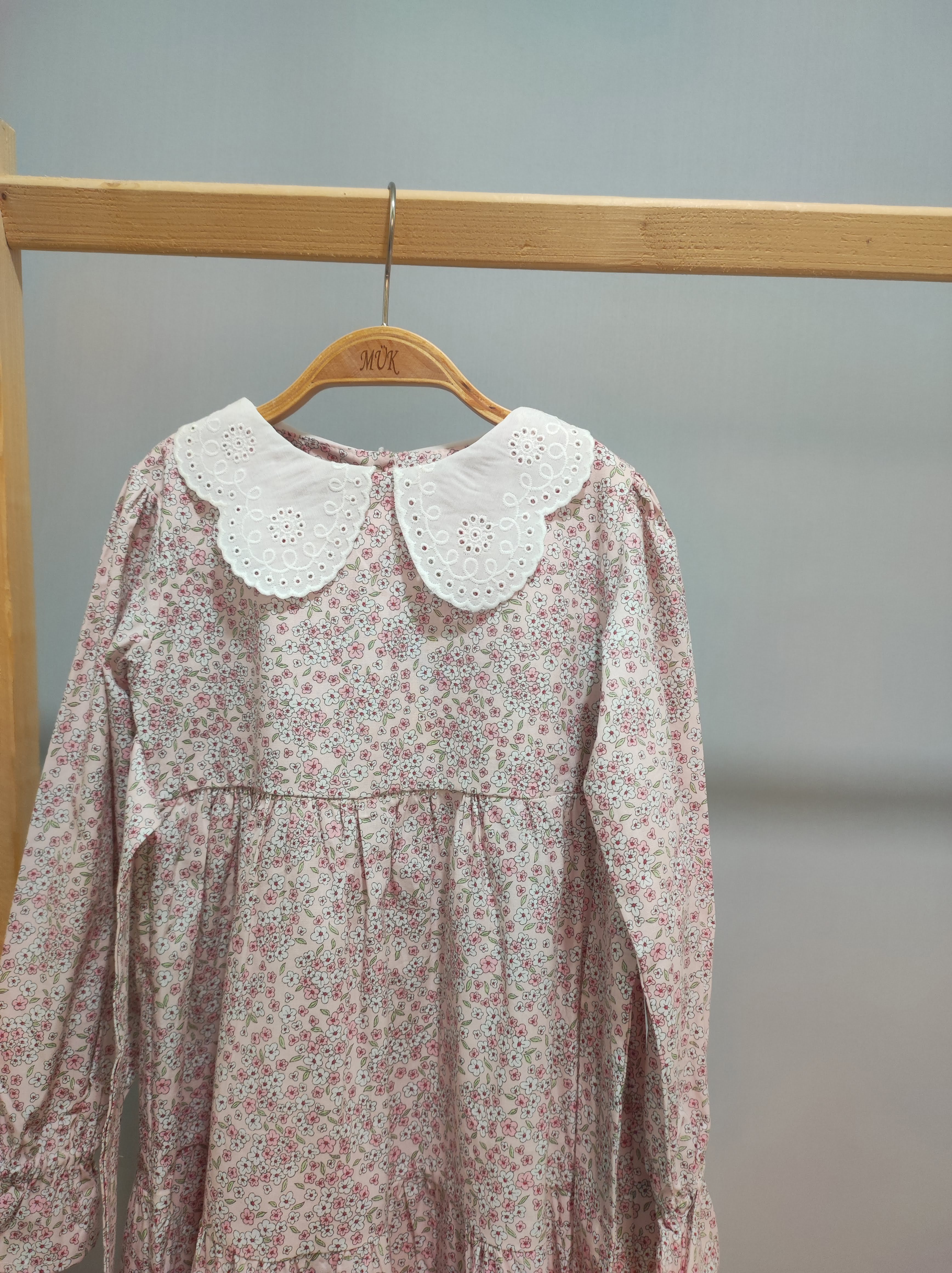 Kız Çocuk Fisto Yaka Desenli Namaz Elbisesi  - Toz pembe