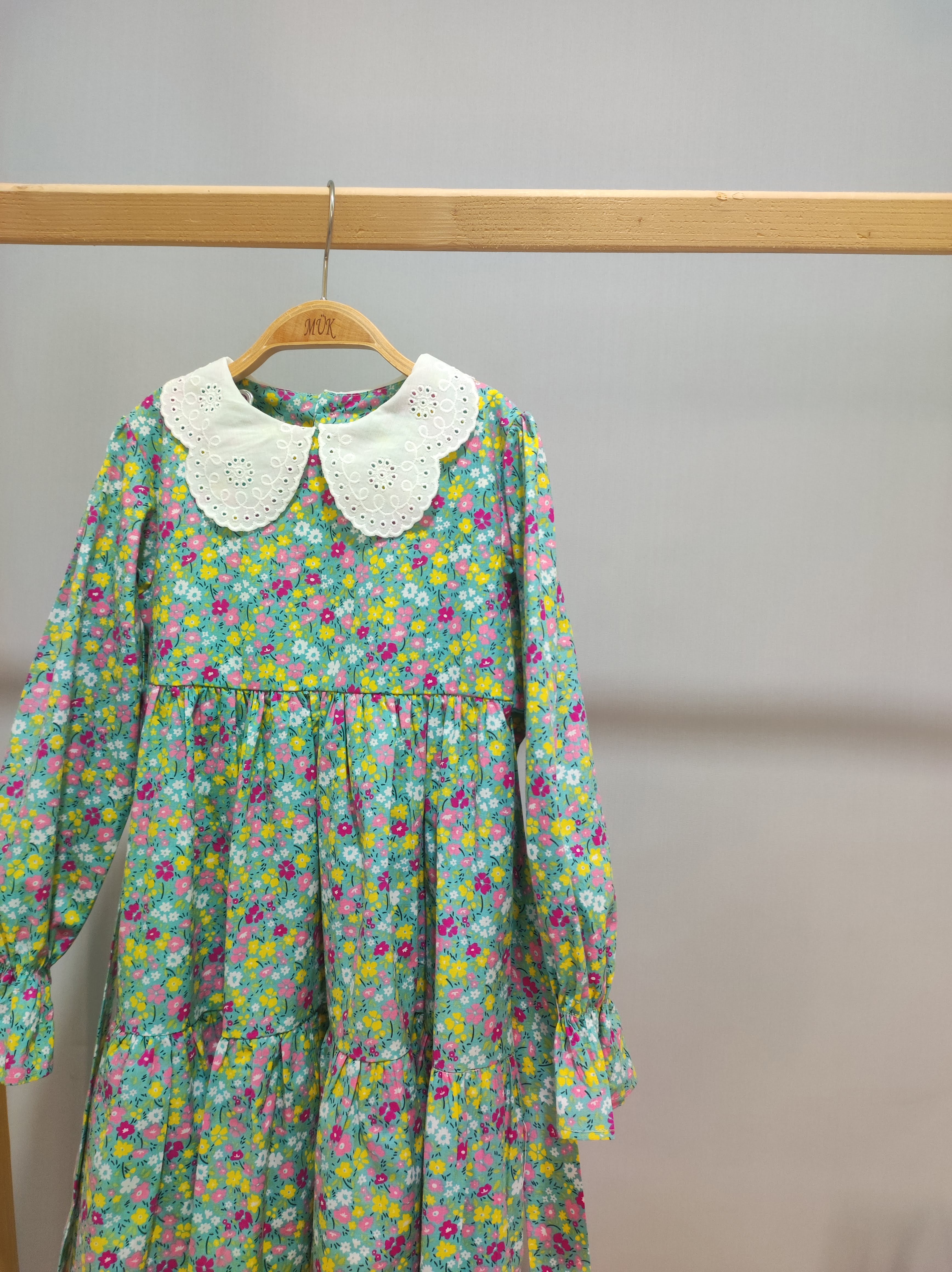 Kız Çocuk Fisto Yaka Desenli Namaz Elbisesi  - Su Yeşili