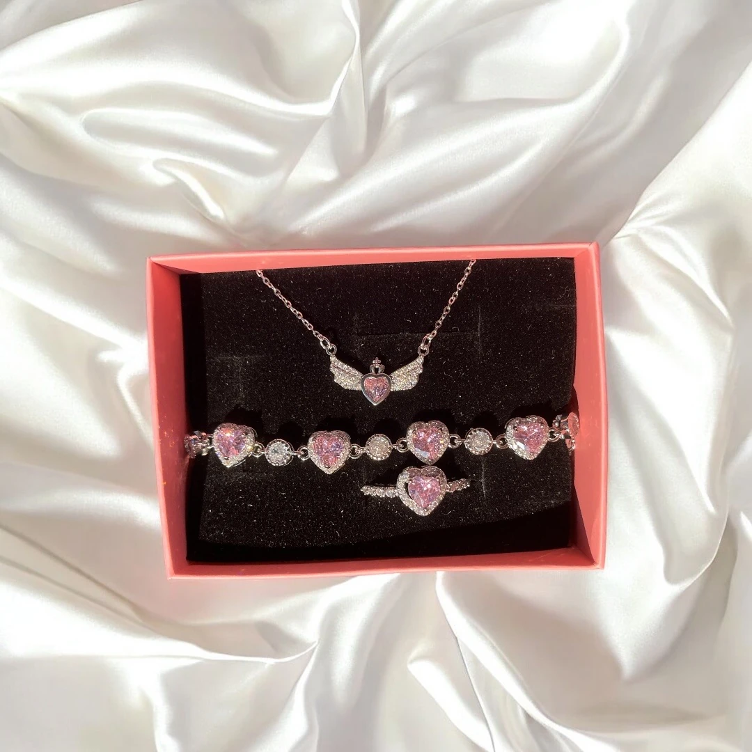 Pembe Kalpli Takı Seti | Mor sonsuzluk gülü Hediye seti