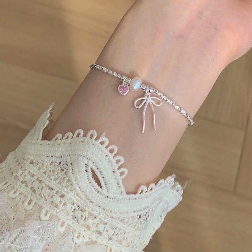 Pembe kalp model ribbon bileklik