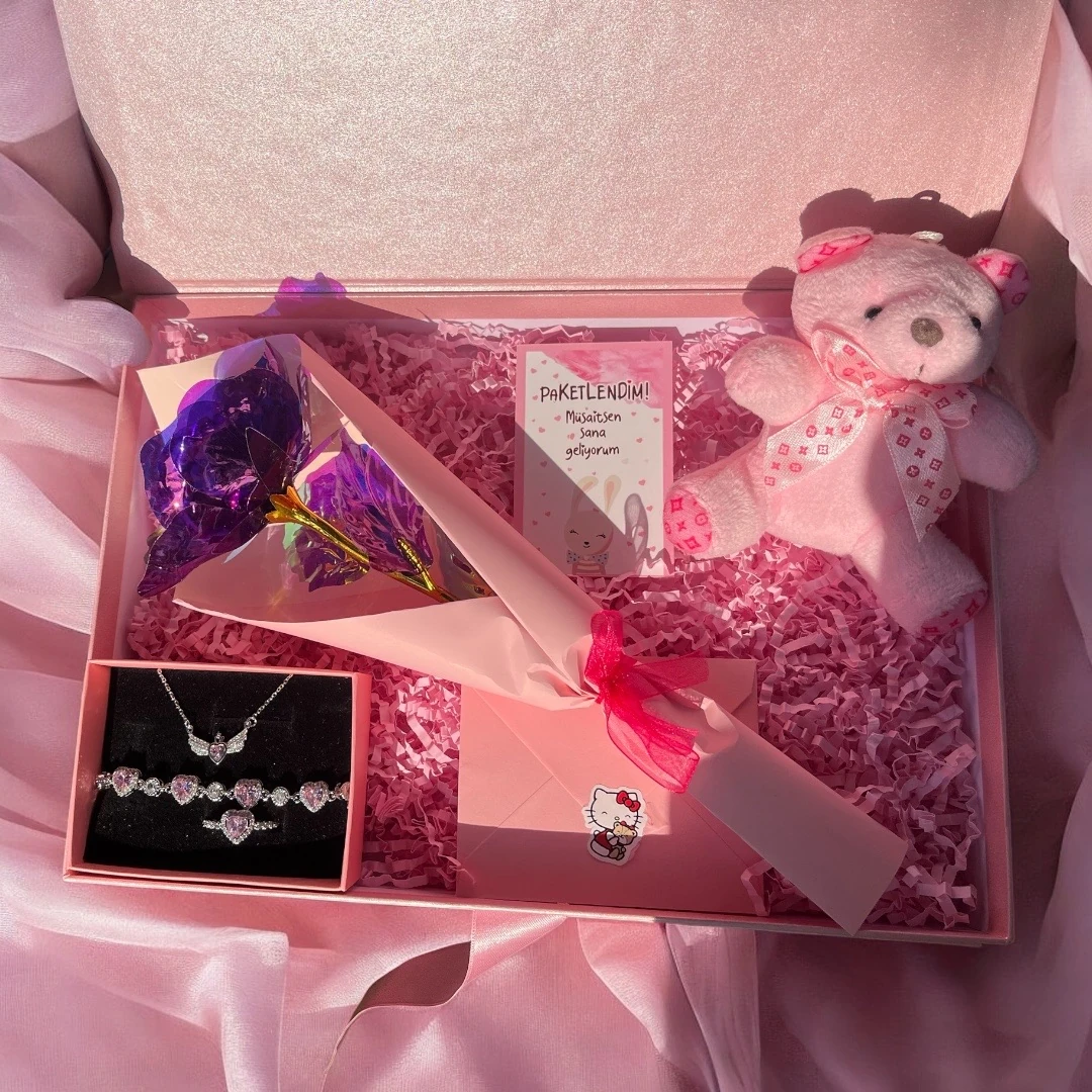 Pembe Kalpli Takı Seti | Mor sonsuzluk gülü Hediye seti