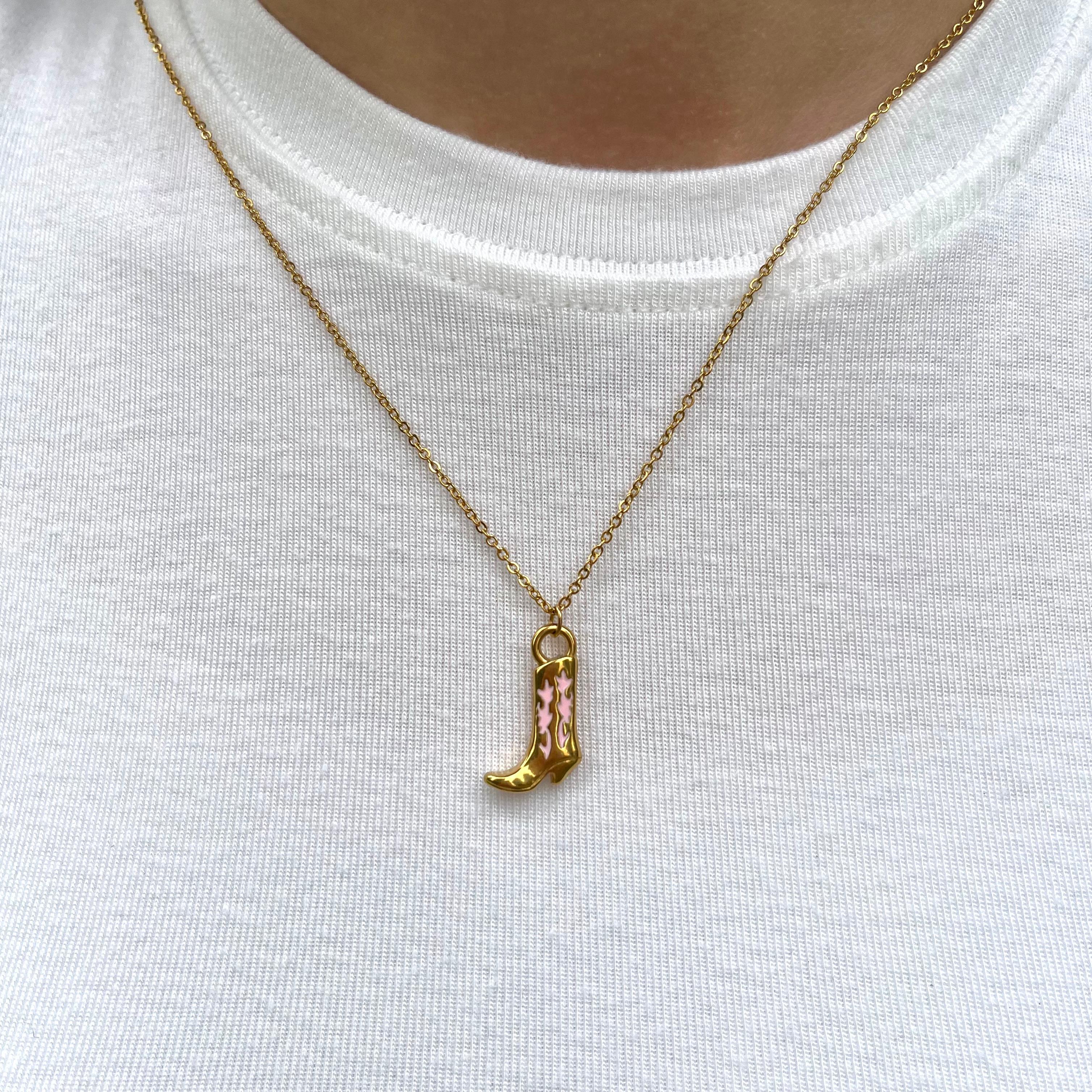Vintage| Çelik pembe kovboy çizme kolye