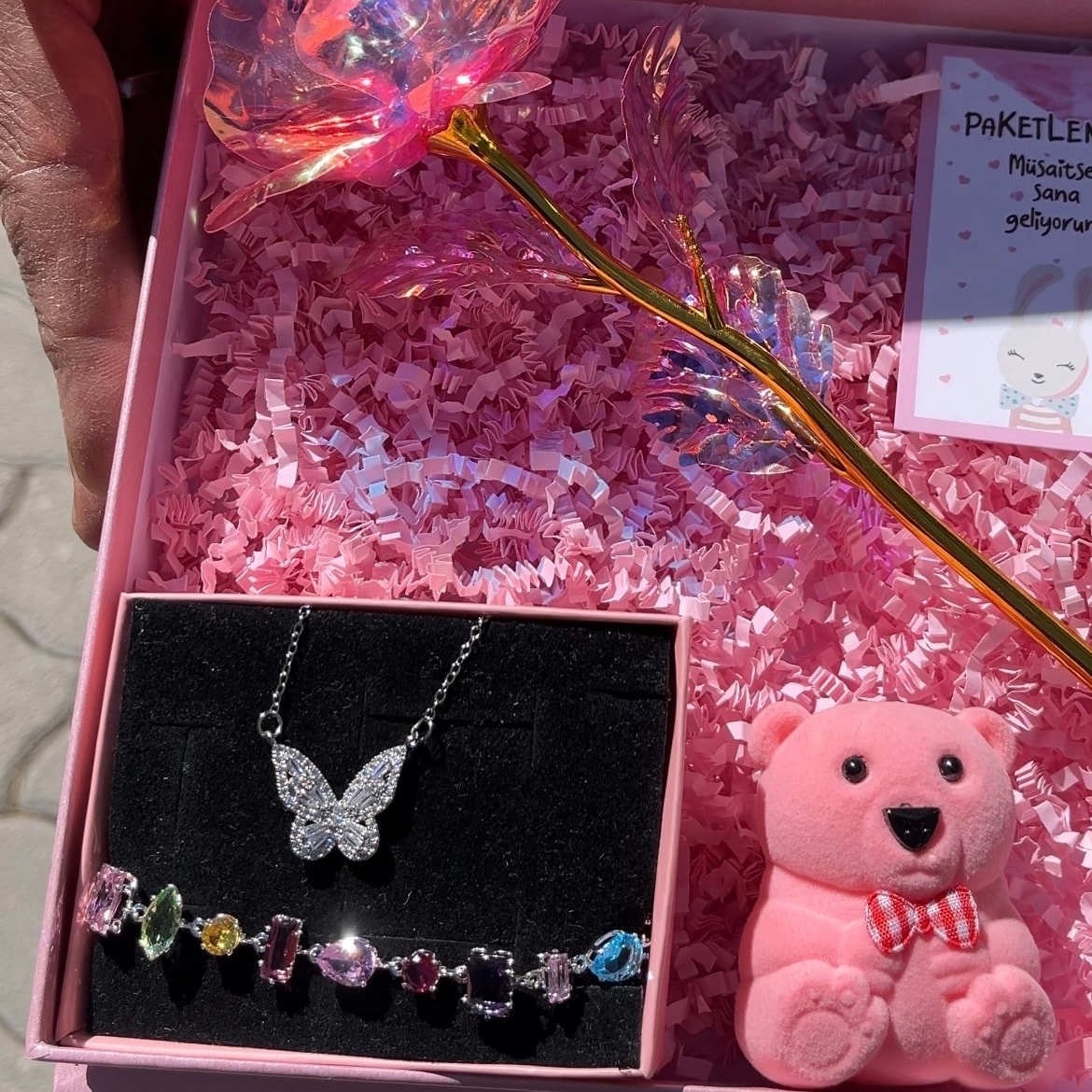 Pembe Masal sonsuzluk gülü | Mariposa Kolye hediye seti