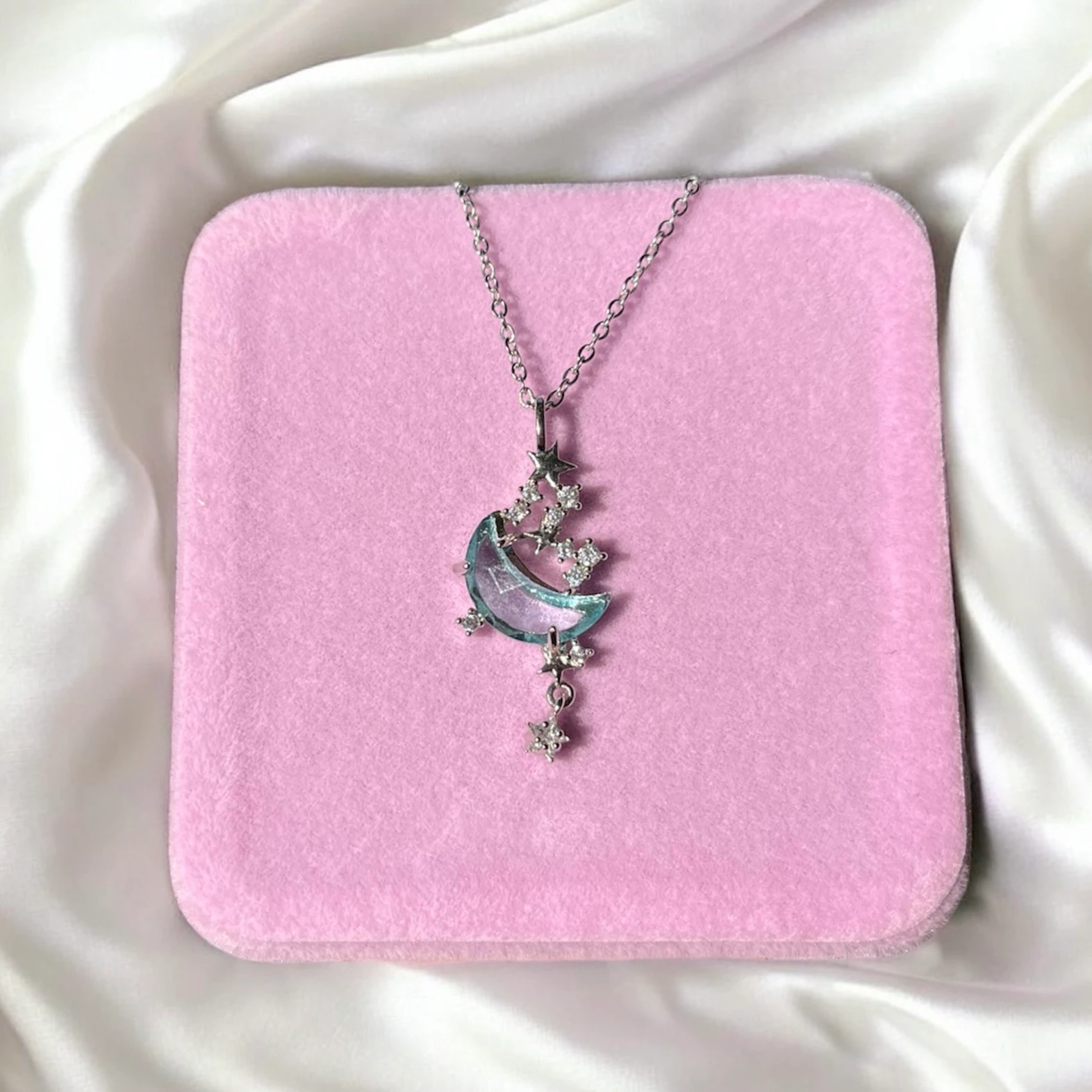 Çelik | Taş detaylı mavi ay kolye