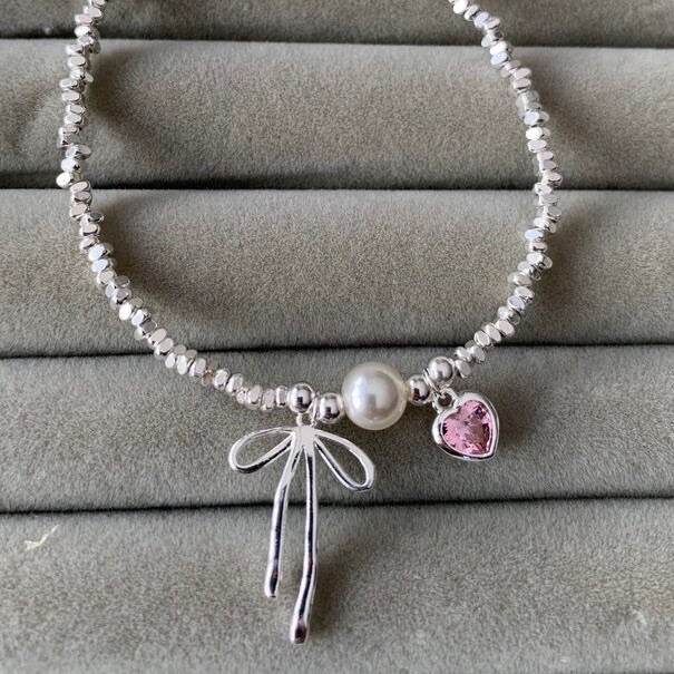 Pembe kalp model ribbon bileklik