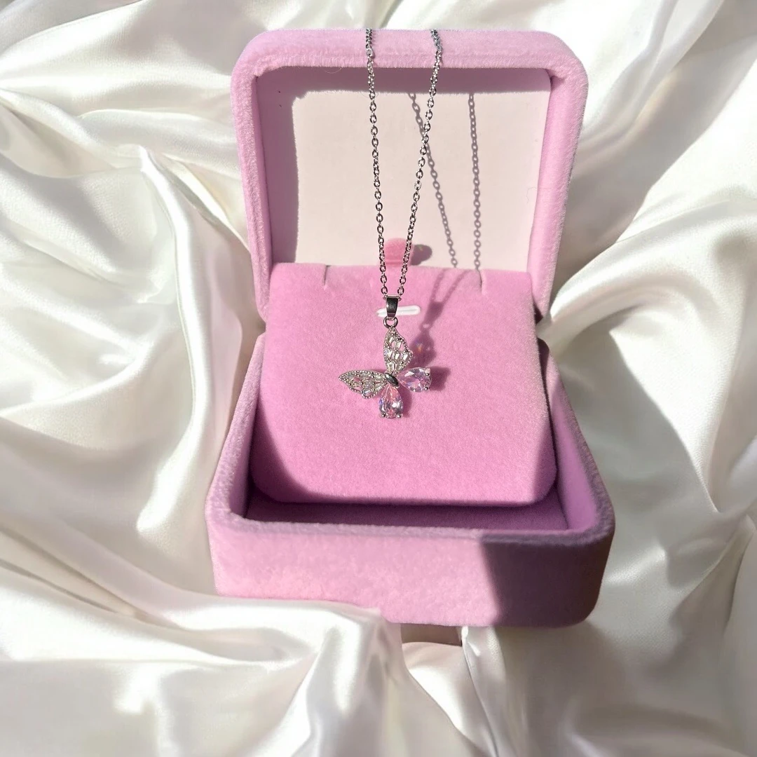Çelik | Parıltılı Pembe Kelebek Kolye