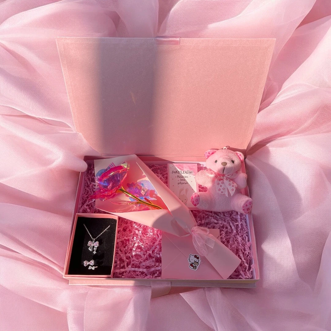 Pembe Kurdele Set| Pembe Sonsuzluk Gülü Hediye Kutusu