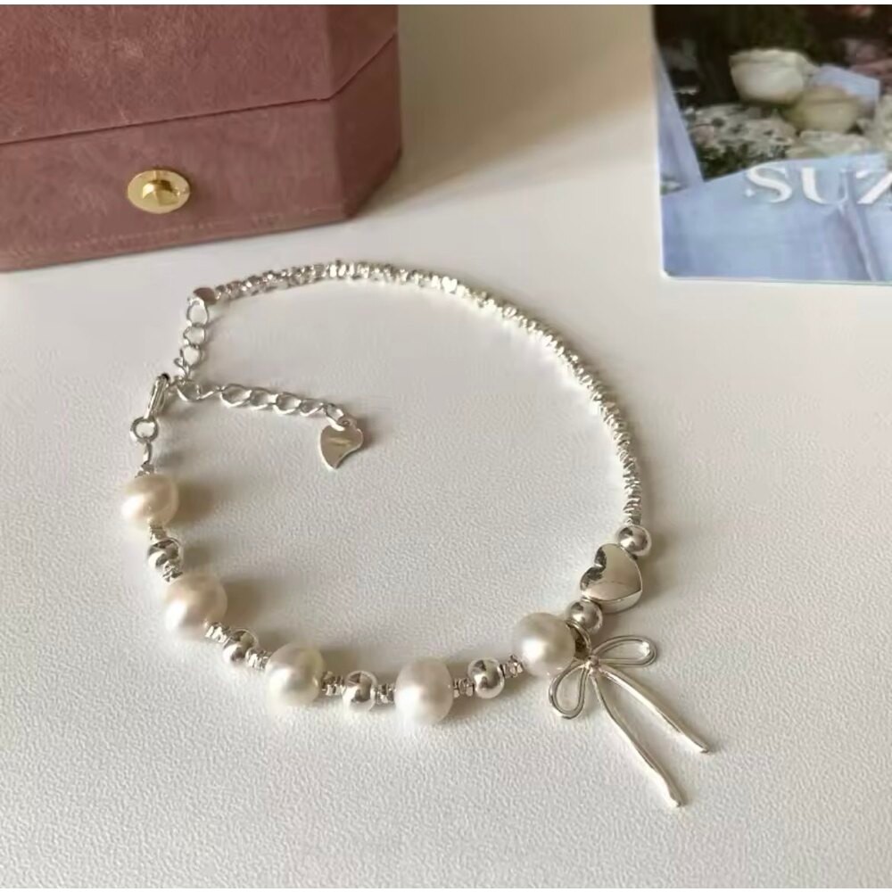 925s| Beyaz kalp incili ribbon çelik bileklik