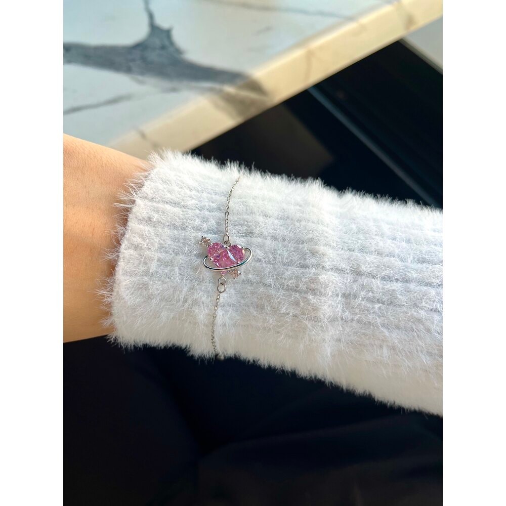 Satürn ışıltılı pembe kalpli çelik bileklik