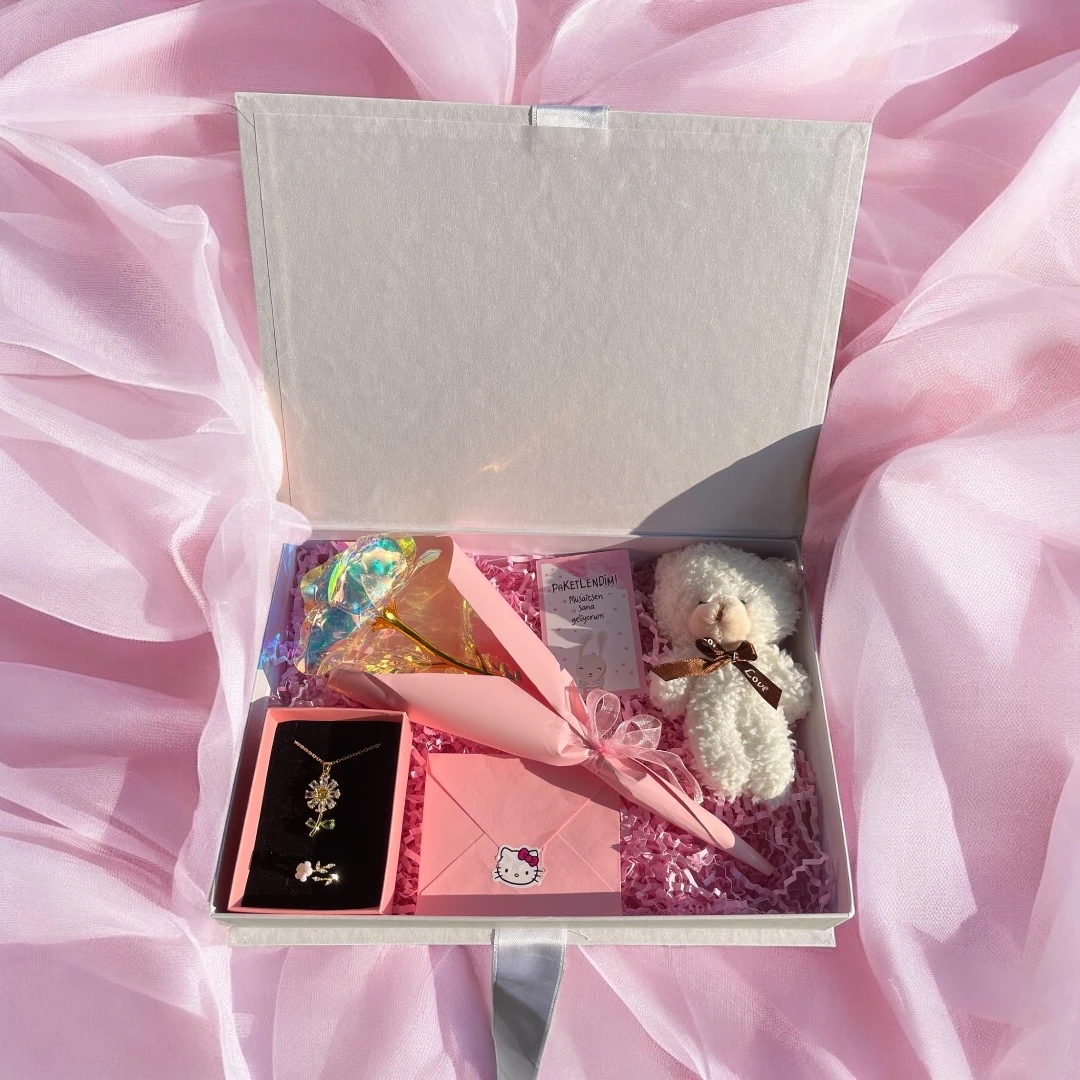 Paptya Kolye Set | Hologram Sonsuzluk gülü hediye kutusu