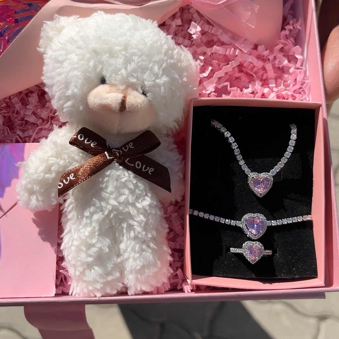 Pembe Masal sonsuzluk gülü | Su yolu kalpli takı hediye seti