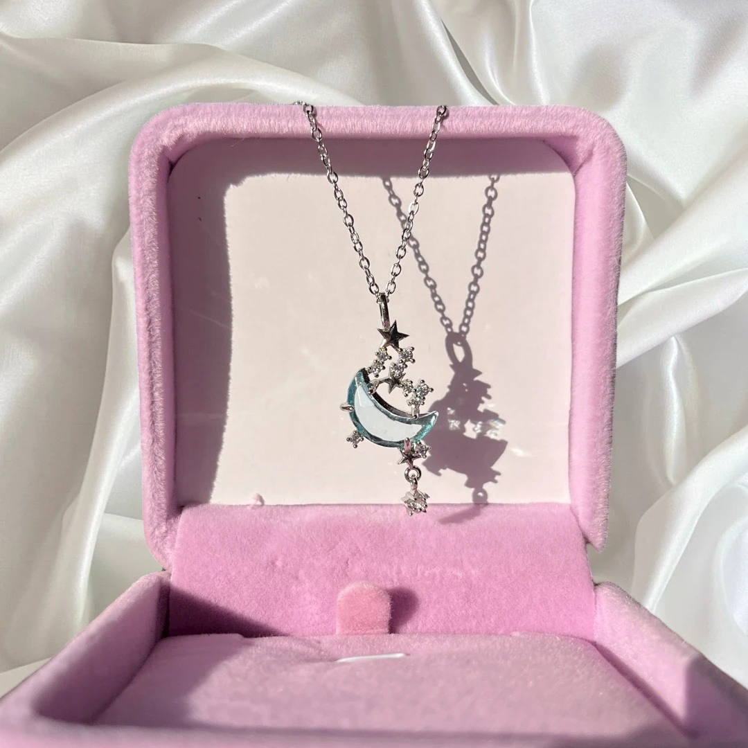 Çelik | Taş detaylı mavi ay kolye