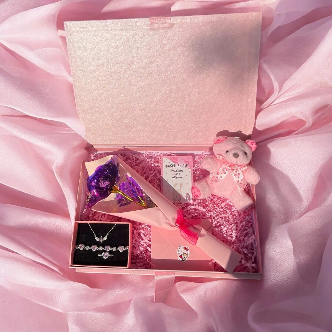 Pembe Kalpli Takı Seti | Mor sonsuzluk gülü Hediye seti