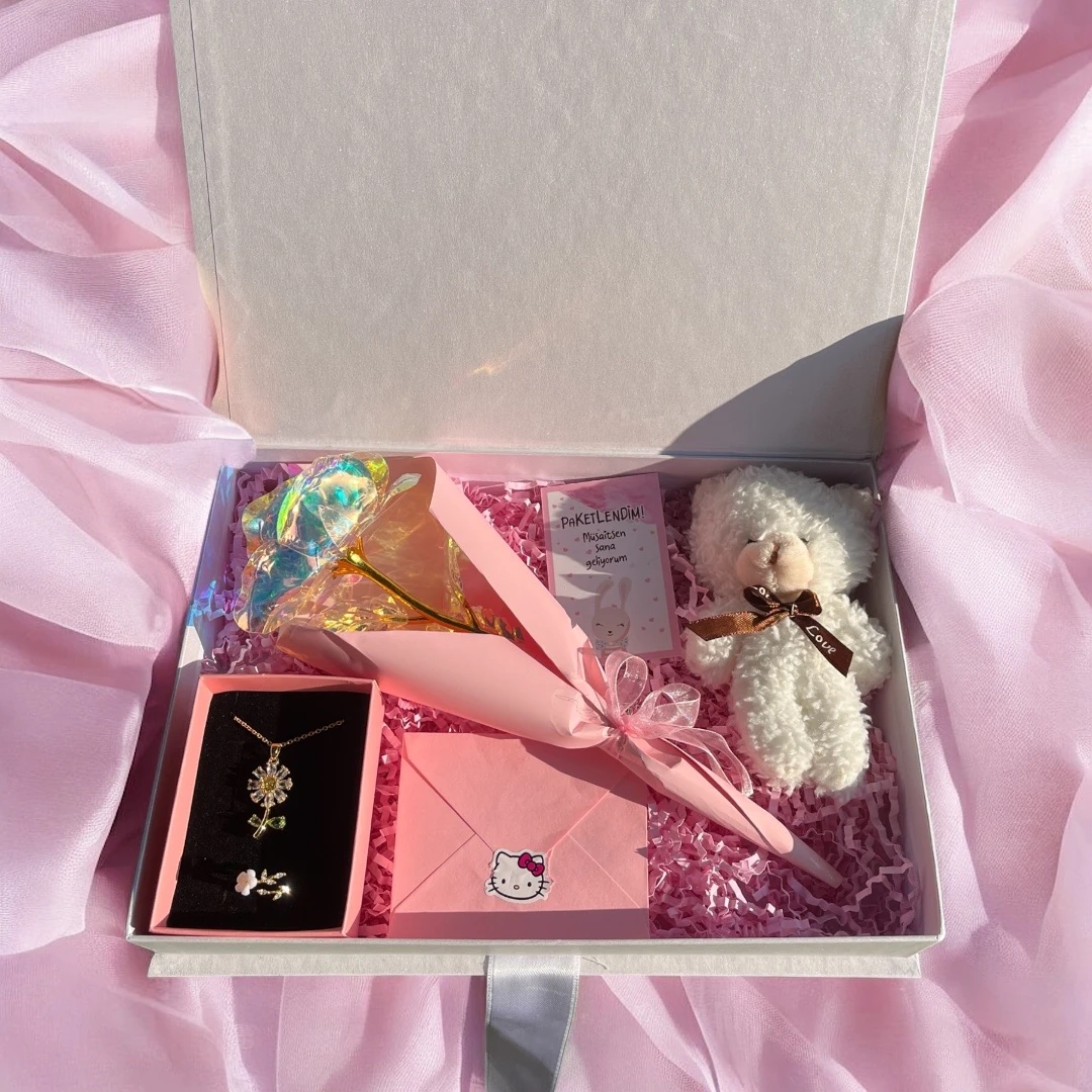 Paptya Kolye Set | Hologram Sonsuzluk gülü hediye kutusu