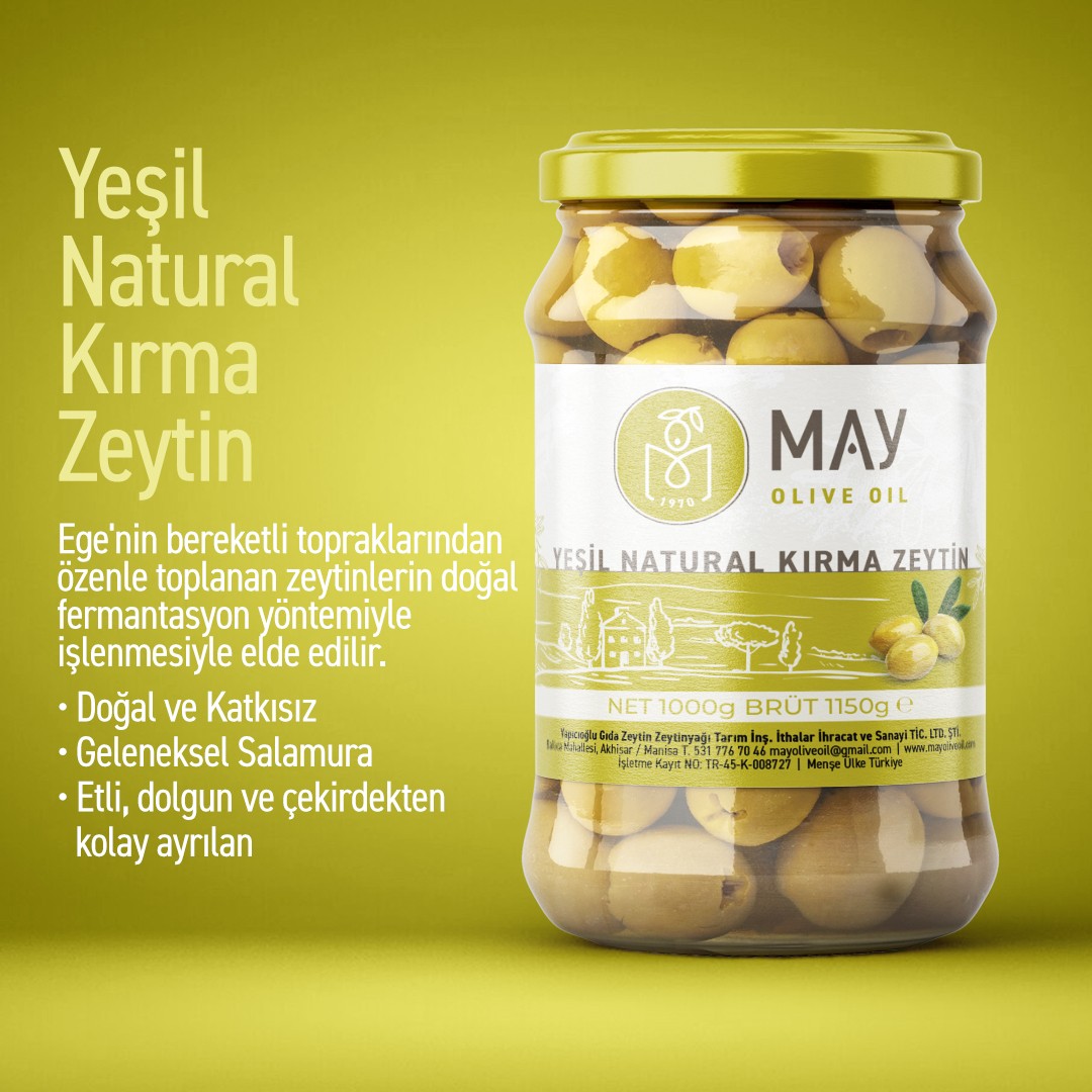 Doğal Yeşil Kırma Zeytin - 1KG | MAY Olive Oil