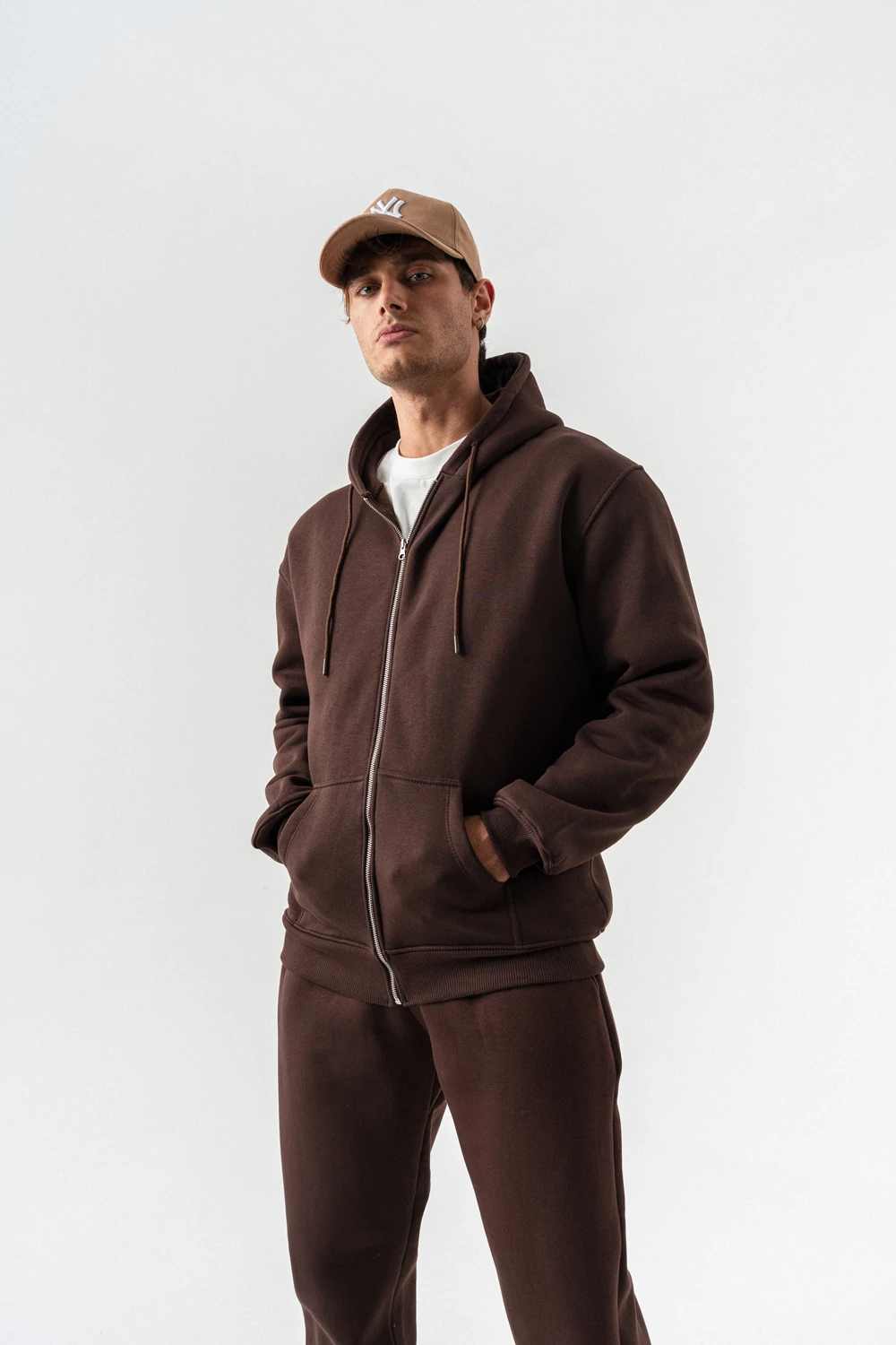 Fynor Fermuarlı Sweatshirt Hoodie ve Jogger Eşofman Takımı - Kahverengi